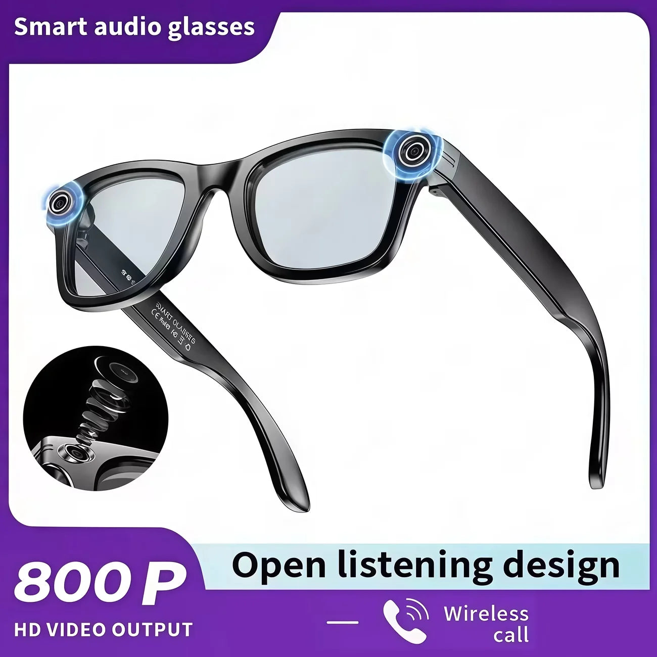 AI Smart Video Glasses with Camera and Photo Capabilities, featuring an 8MP camera, 1080P HD video recording, 4K resolution,