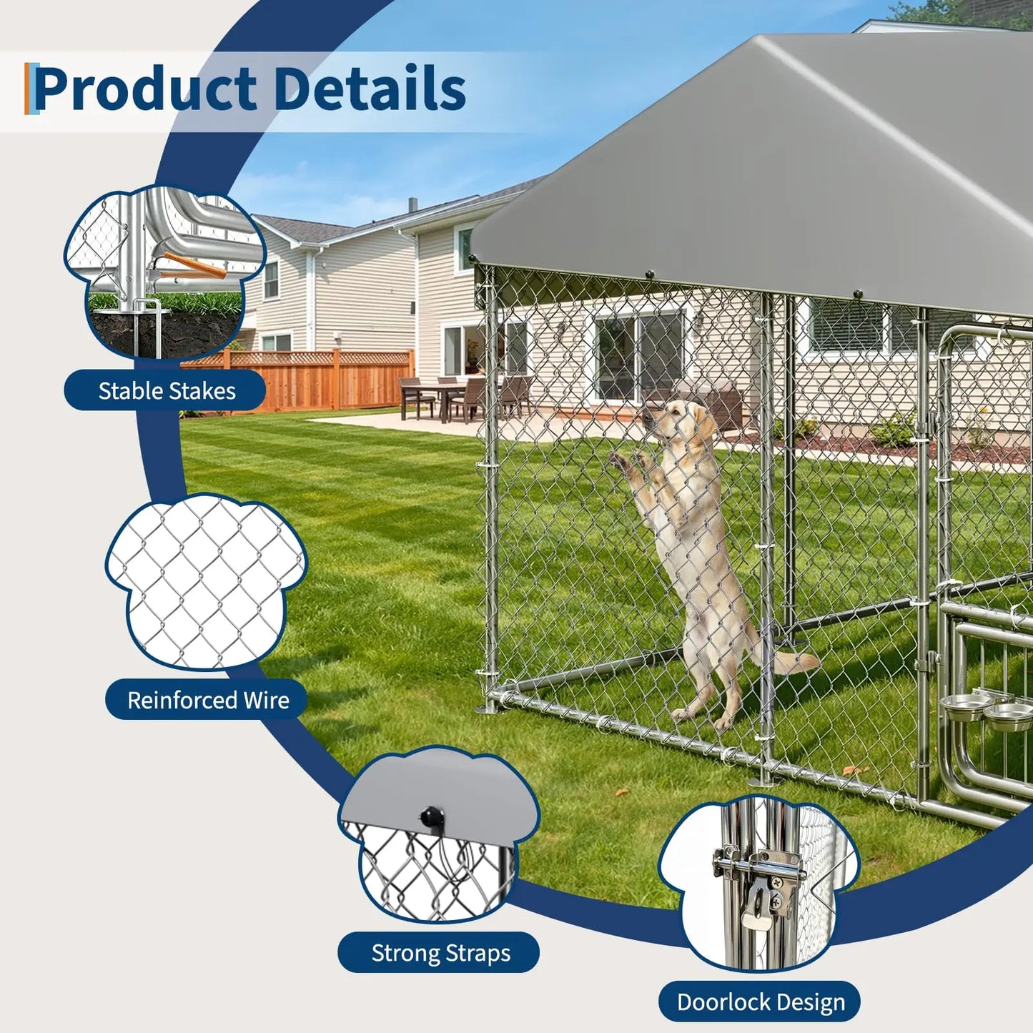 DishyKooker Heavy Duty Outdoor Dog Kennel With Roof Cover Lockable Feeding Door For Large Dogs