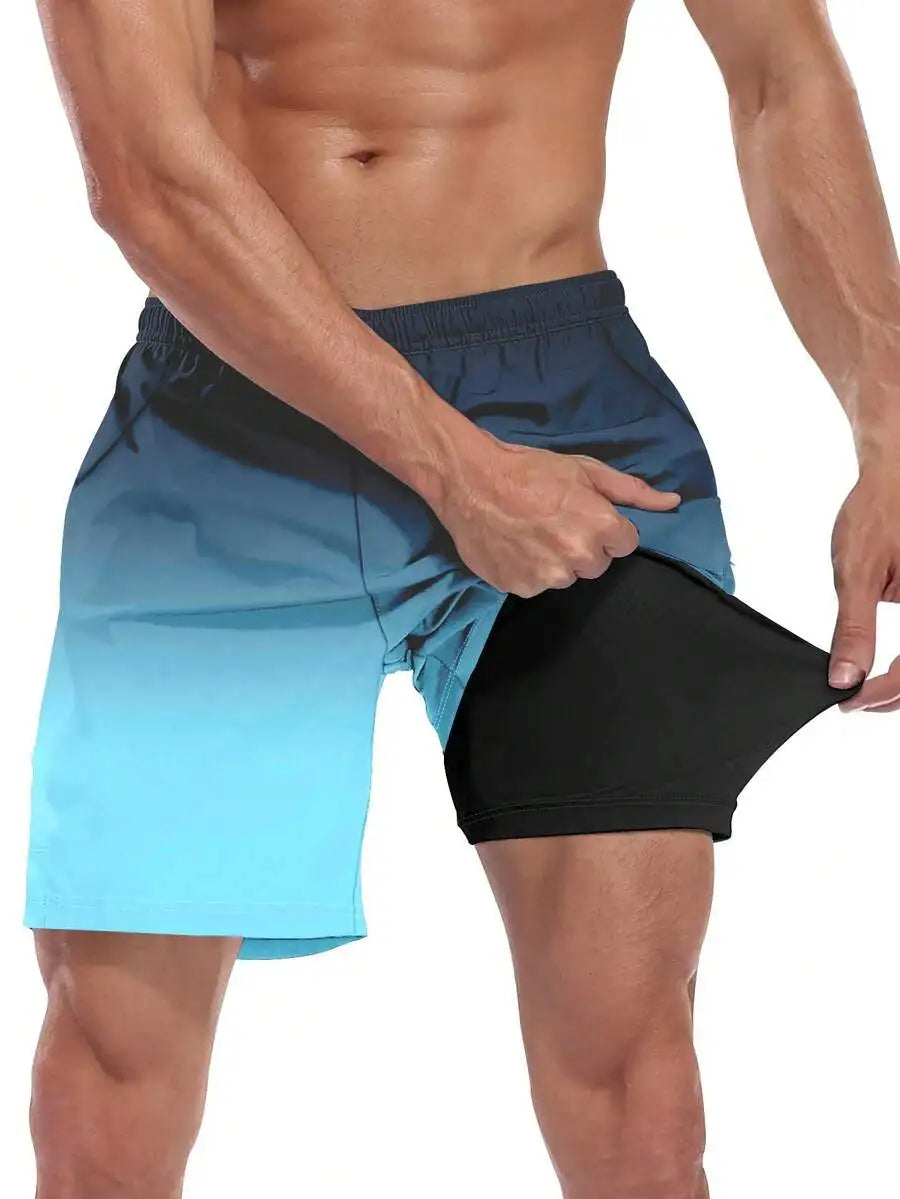 Mens Quick Dry Swim Trunks With Compression Liner 5 Inch Gradient Blue Beach Shorts