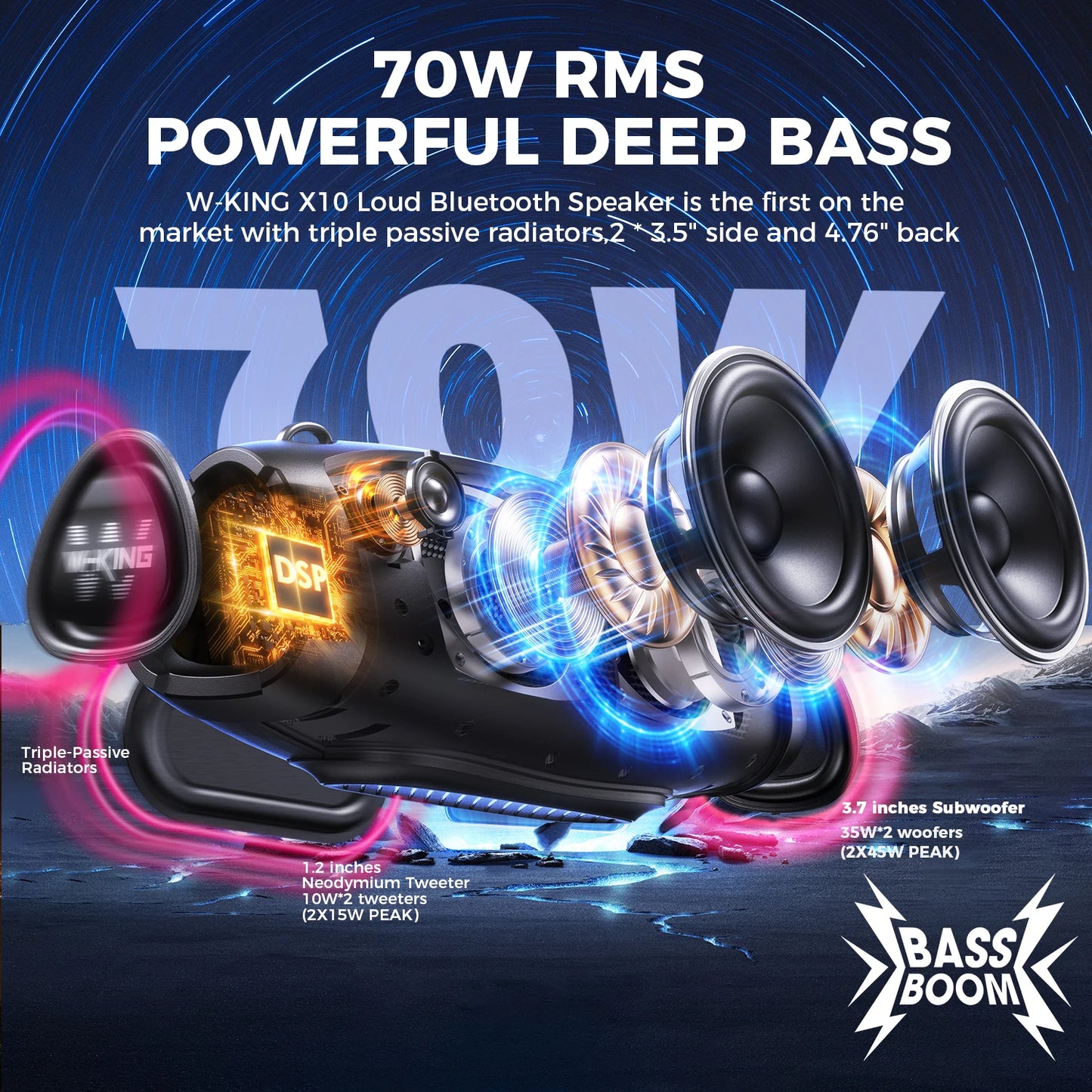 W-King Portable Bluetooth Speaker With Wireless Microphone Waterproof 120W Peak