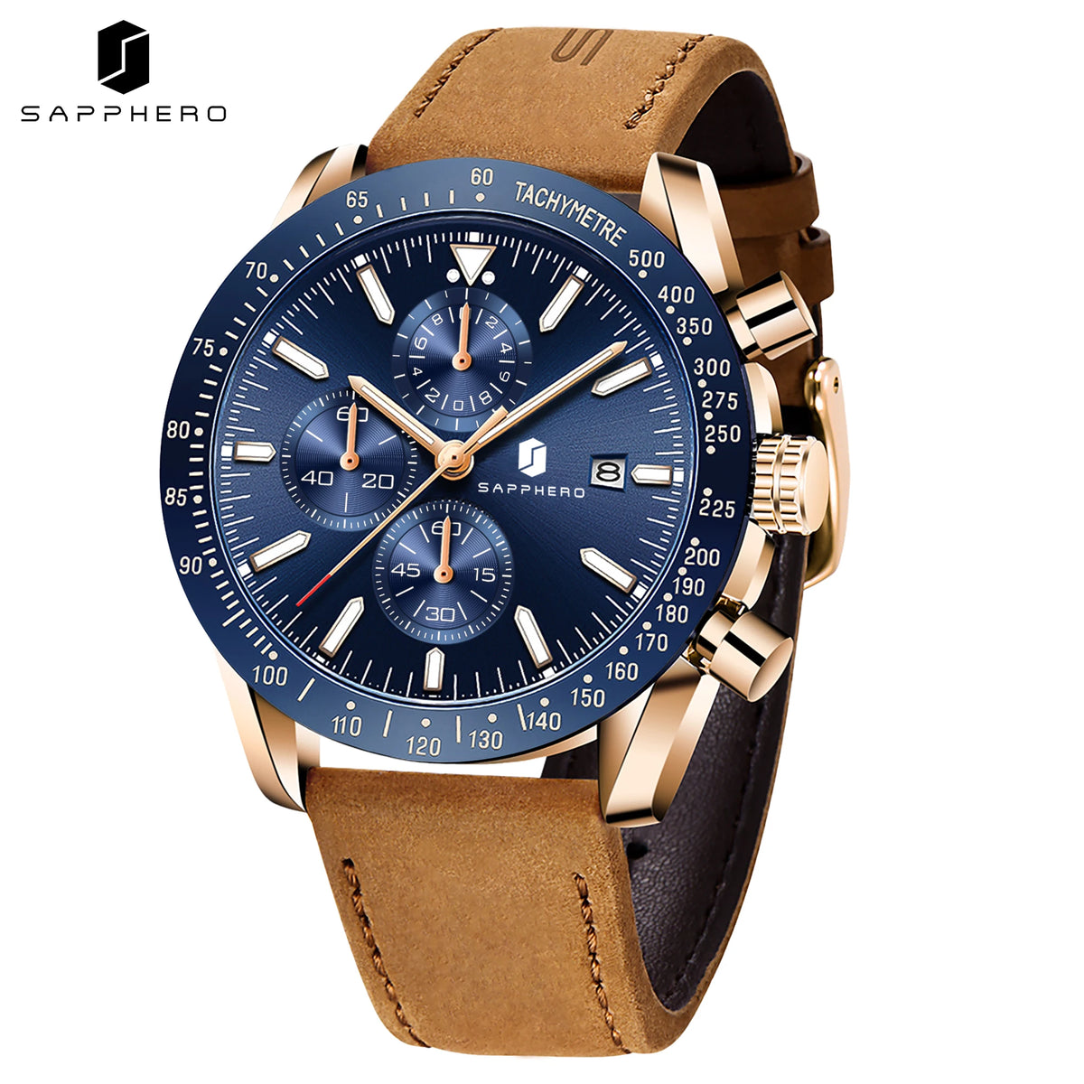 SAPPHERO Men's Quartz Chronograph Watch Date Display Blue Dial 50M Water Resistant Sport Luxury Wristwatch Elegant Fashion Business Casual Watch for Men Daily Wear Office Travel Gift