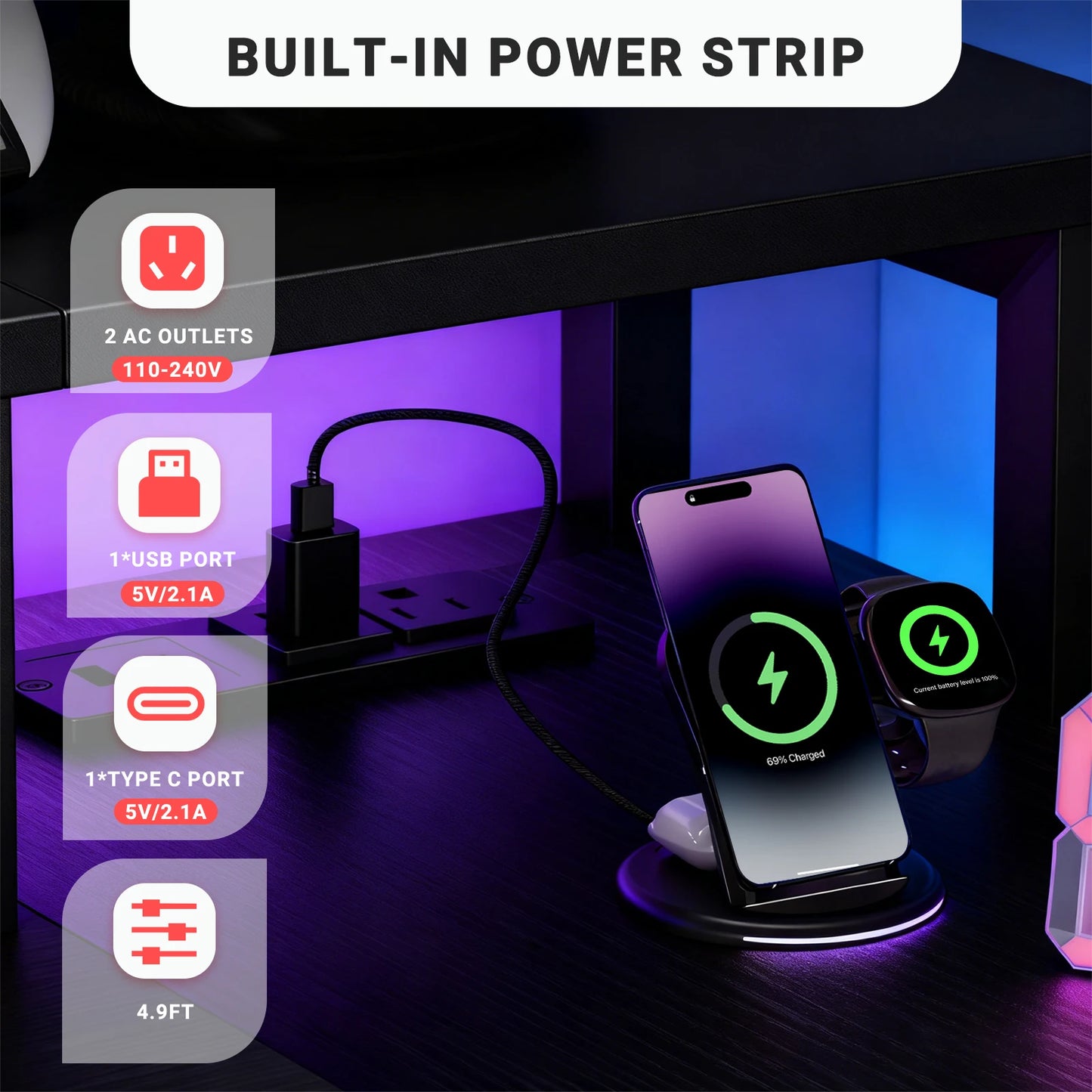 JHK L Shaped Gaming Desk Featuring USB Ports And LED