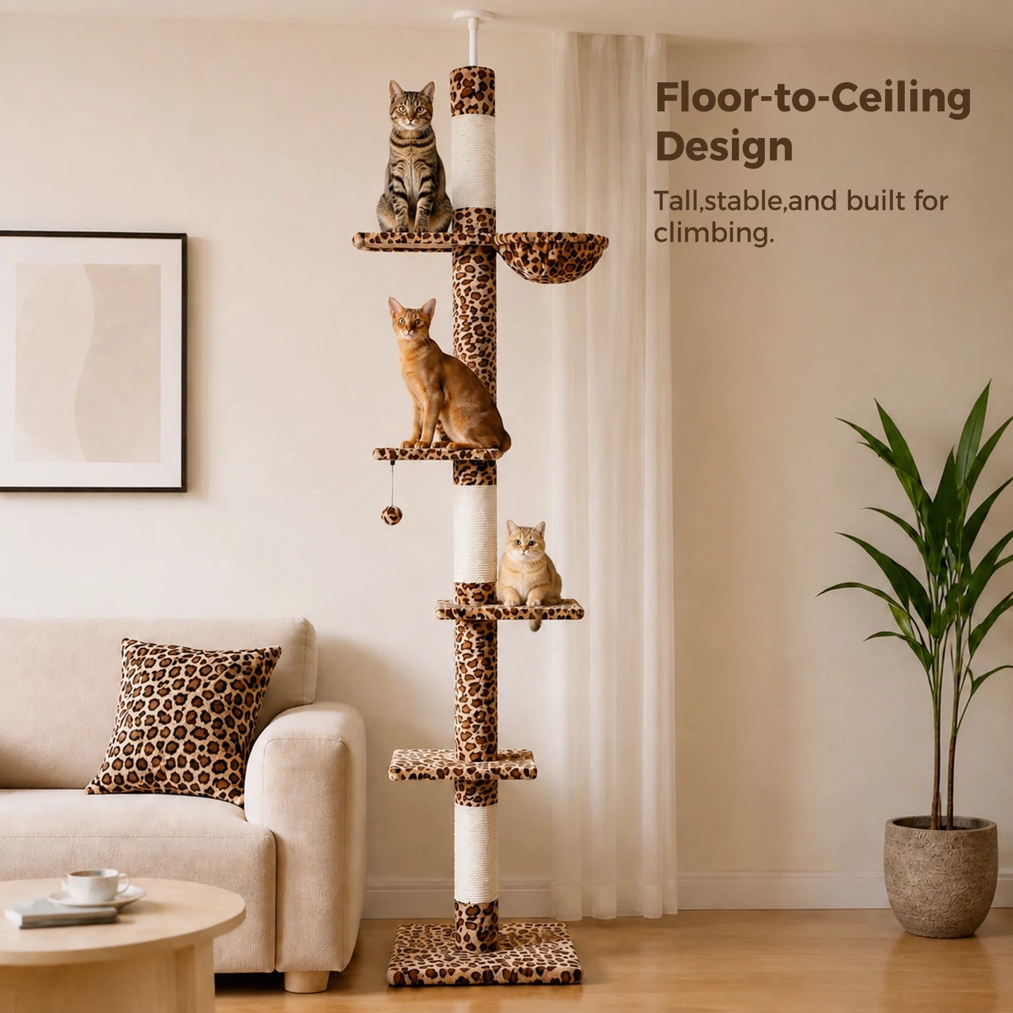 Floor to Ceiling Cat Tree with Sisal Scratching Posts Cozy Hammock Dangling Ball Adjustable Height Leopard Cat Tower for Indoor Cat Toys