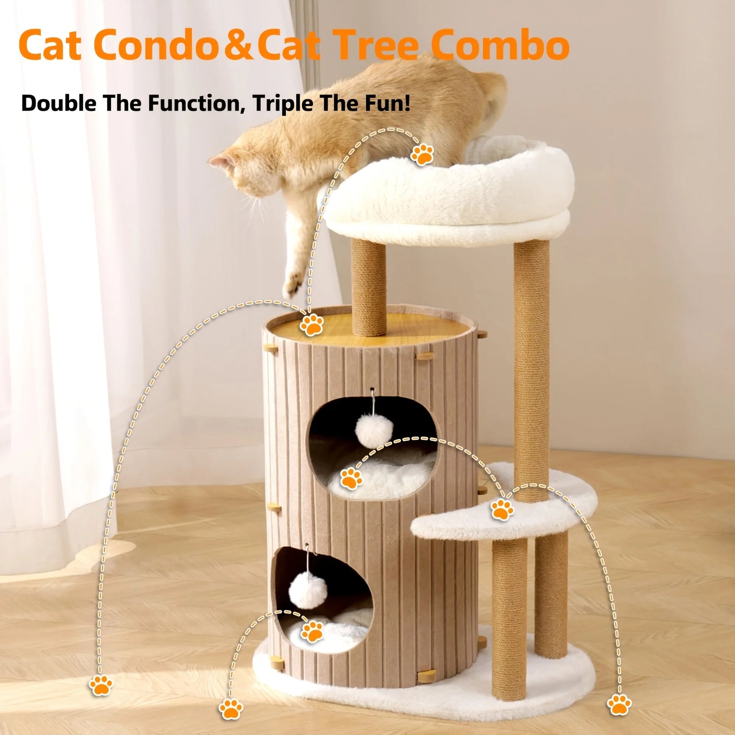 Modern Cat Tree for Indoor Small & Medium Cats, 36" Cat Tower with Scratching Posts, 2 Cozy Cat Caves, Top Perch, Dangling Balls, Washable Cushions, Space-Saving Cat Condo, Brown