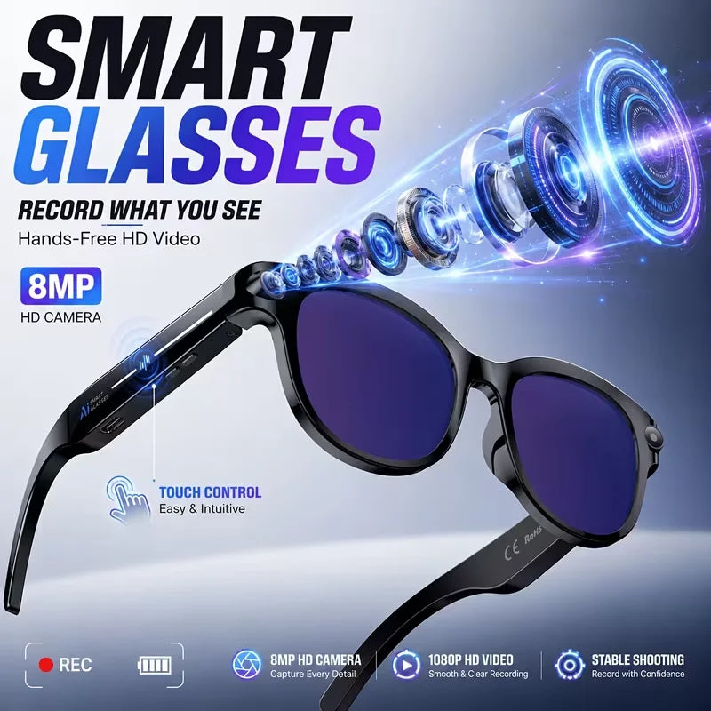 Smart glasses with a camera, 8-megapixel HD resolution, 3 interchangeable lens options, image stabilization, photo and video cap