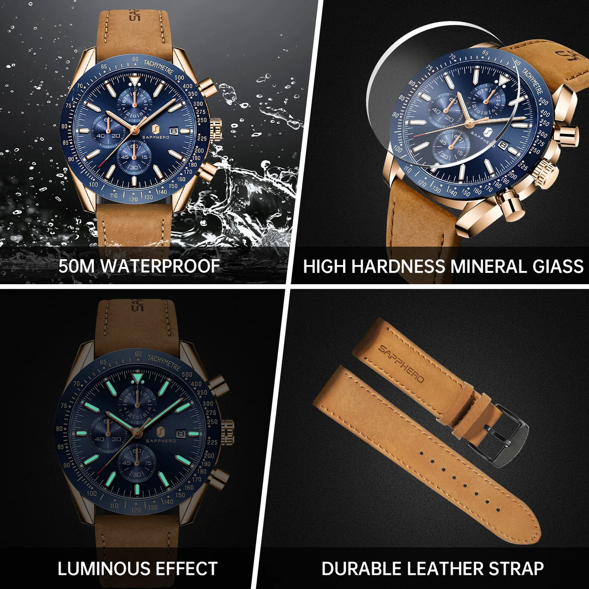 SAPPHERO Men's Quartz Chronograph Watch Date Display Blue Dial 50M Water Resistant Sport Luxury Wristwatch Elegant Fashion Business Casual Watch for Men Daily Wear Office Travel Gift