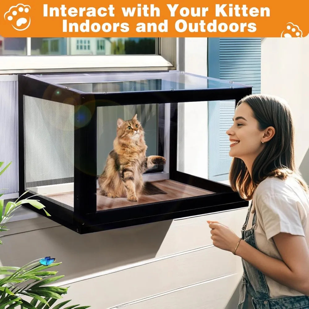 Outdoor Cat Window Box Enclosure Catio With Bug Proof Wire Mesh Transparent Top And Front For Indoor Cats Sunbathing