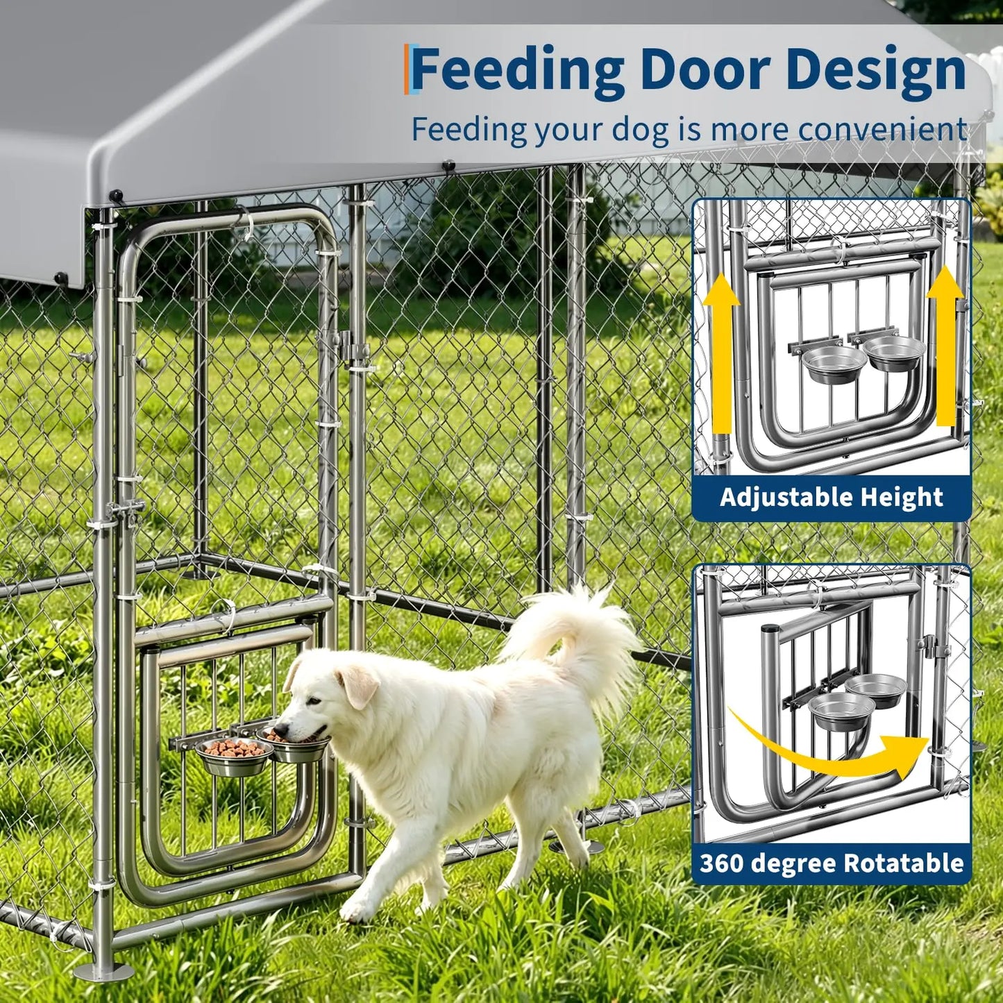 DishyKooker Heavy Duty Outdoor Dog Kennel With Roof Cover Lockable Feeding Door For Large Dogs