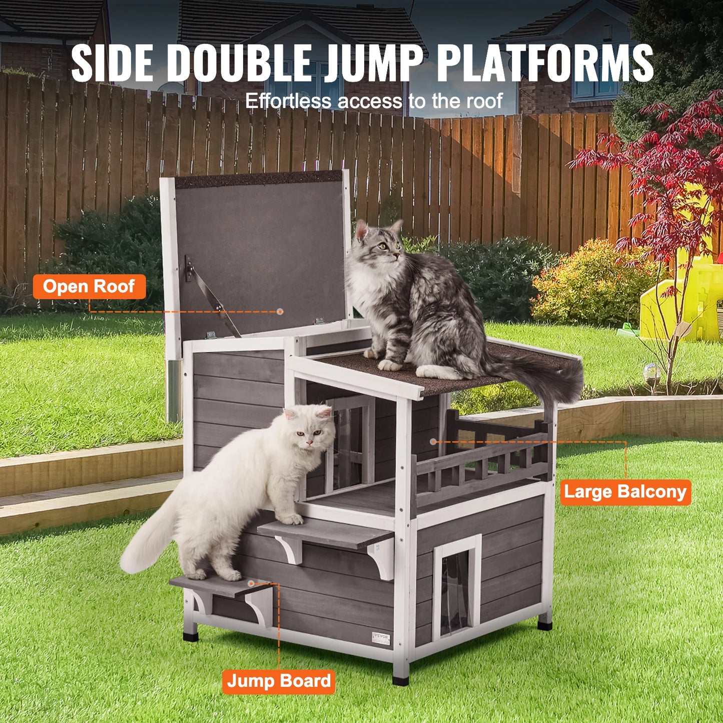 SucceBuy Outdoor Cat House Weatherproof 2 Story Wooden Shelter With Balcony Door Open Roof For Outdoor Cats
