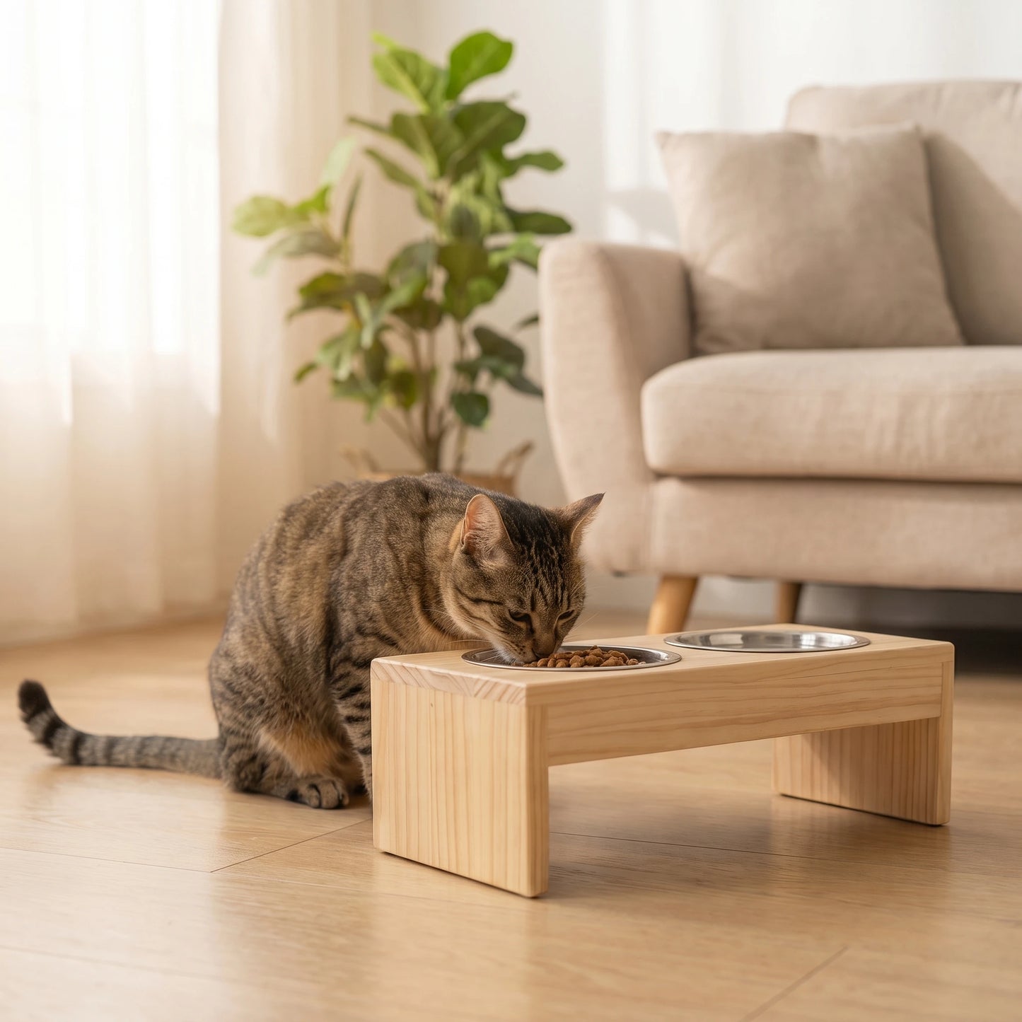 Elevated Wooden Dog Bowls Stand with Double Stainless Steel Bowls, Raised Pet Feeder Holder for Food & Water, Dog Feeding Station