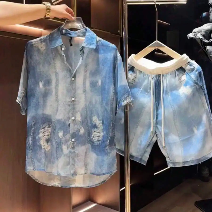 Men's Denim Print Loose Short Sleeve Shirt Set For Summer Casual Two Piece Outfit Ideal Vacation Wear