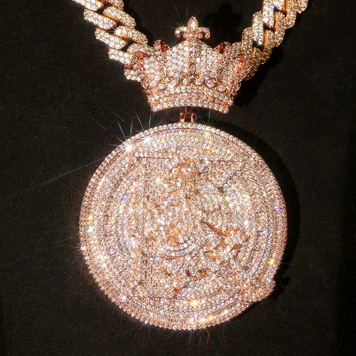 Lyee Cyee Iced Out Crown Medallion Pendant Necklace 18K Gold