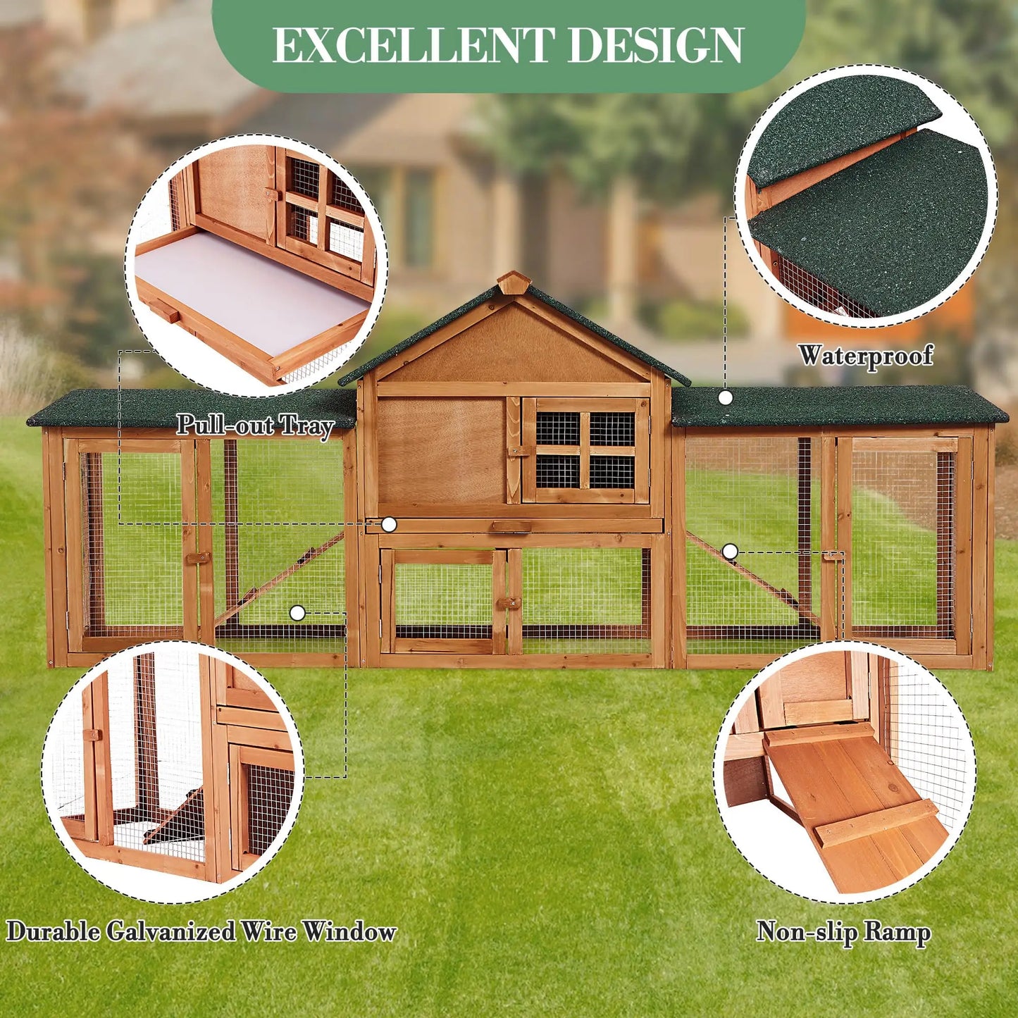 2-Story Bunny Hutch Rabbit Cage Outdoor With Double Side Runs, Pull-Out Tray, Ramp, Roof For Guinea Pigs & Small Pets