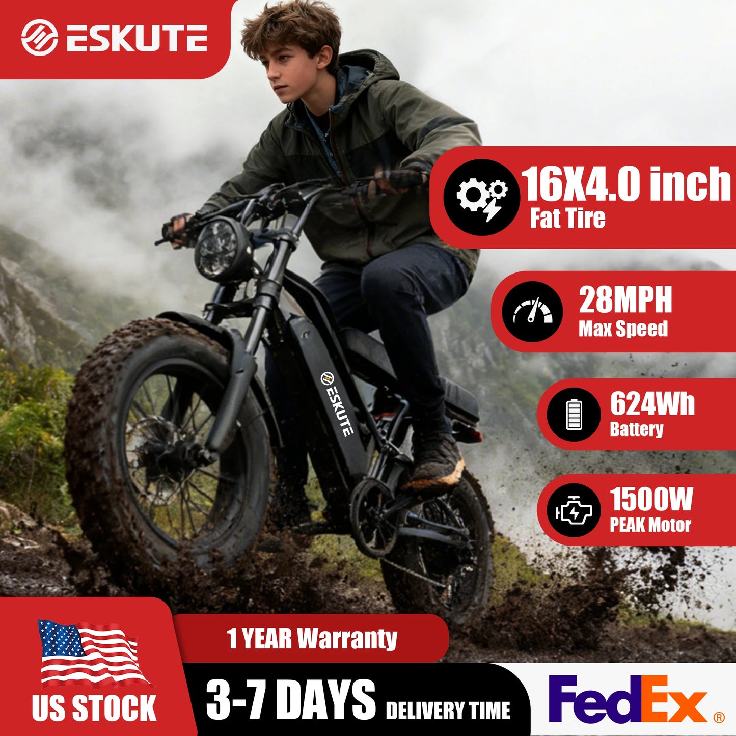 Eskute V100 Electric Bike With 1500W Peak Power And Dual Suspension Fat Tire E Bike For Off Road And City Commutes