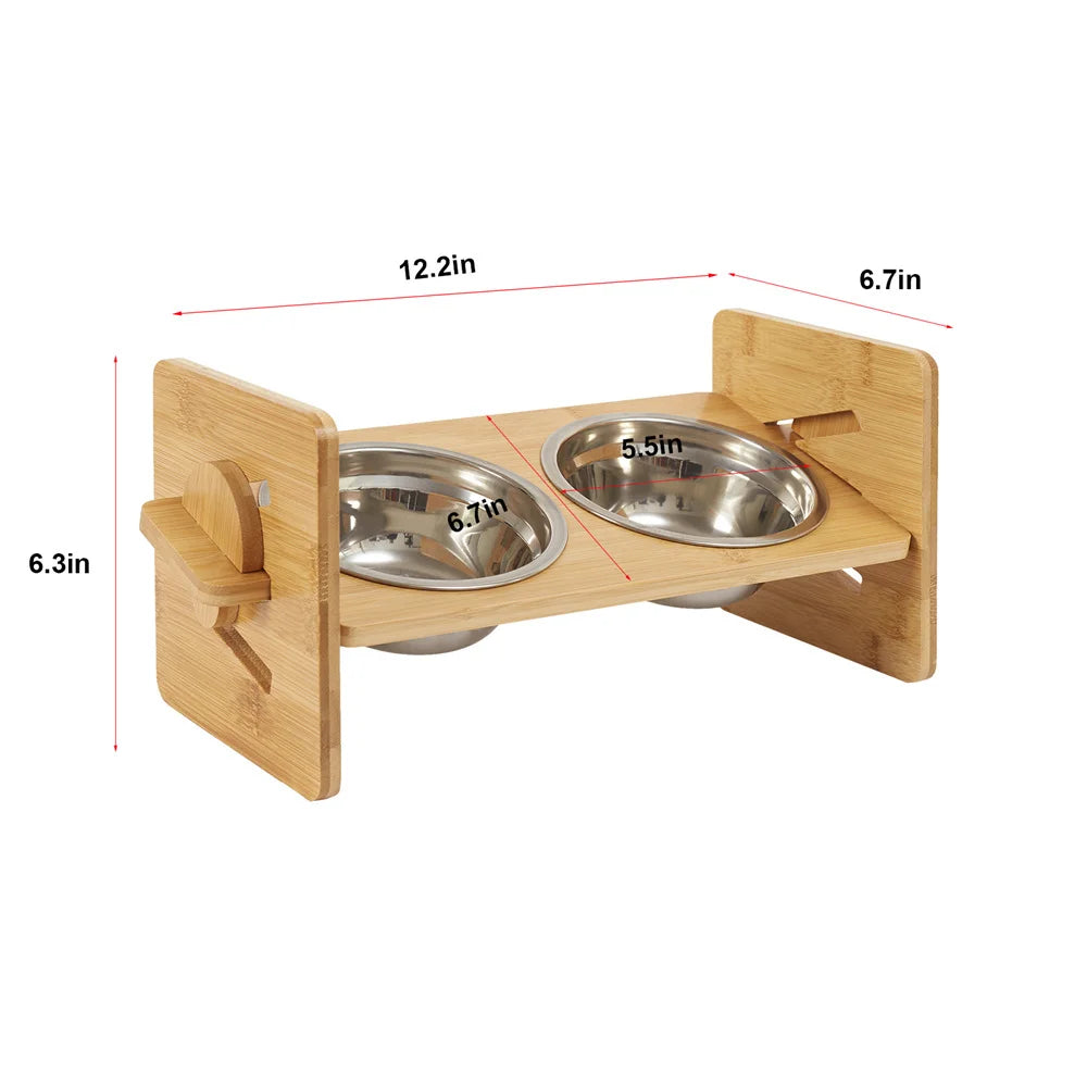 Elevated Adjustable Dog Feeding Station With Bamboo Frame Stainless Bowls
