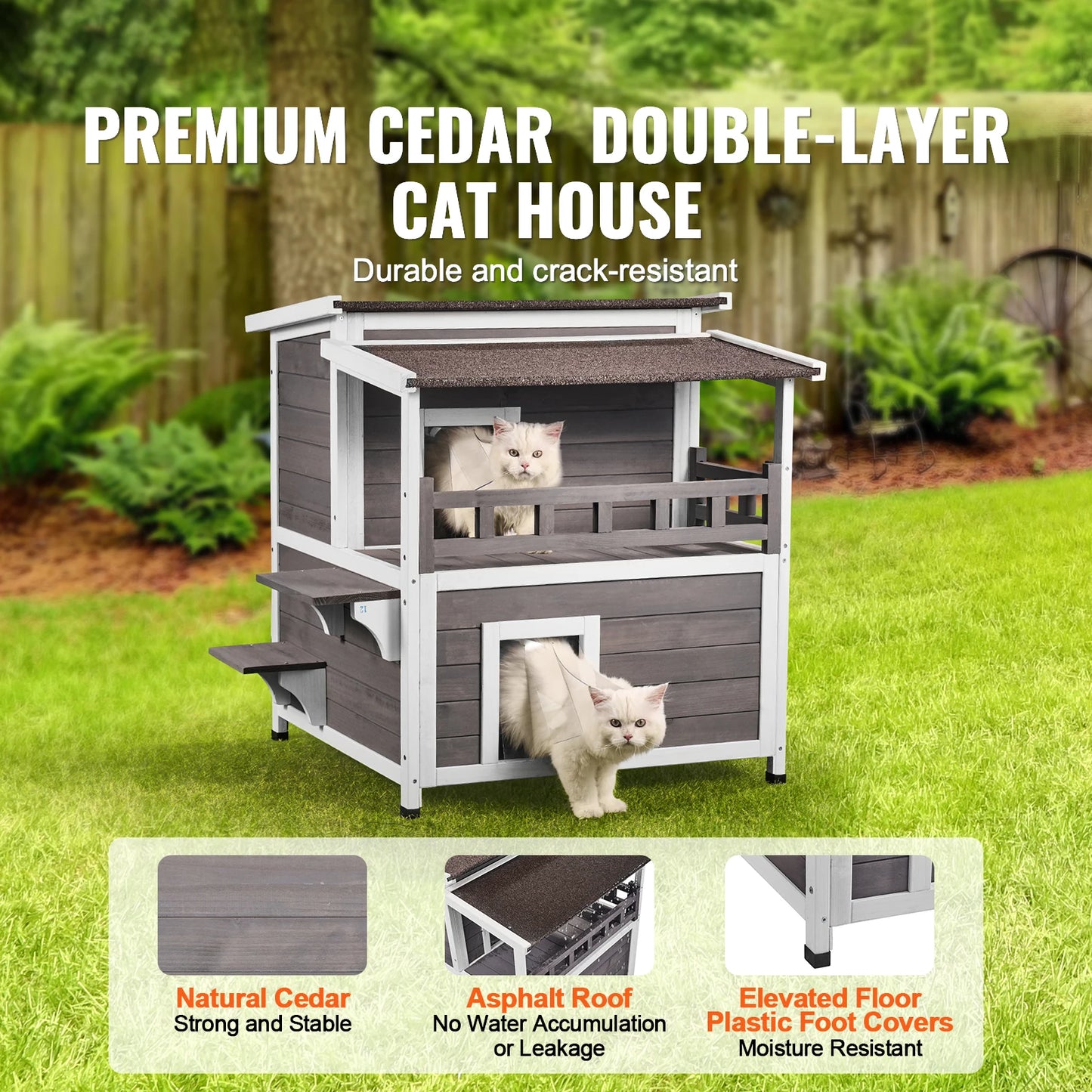 SucceBuy Outdoor Cat House Weatherproof 2 Story Wooden Shelter With Balcony Door Open Roof For Outdoor Cats