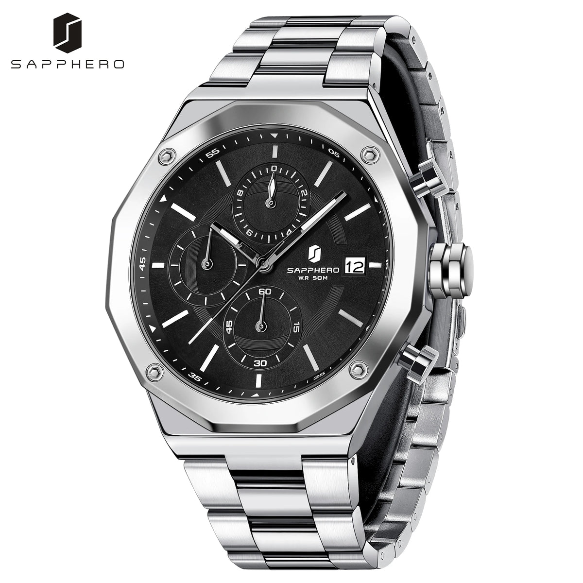 SAPPHERO Men's Chronograph Quartz Watch 5ATM Waterproof Stainless Steel Wristwatch Business Sport Fashion Casual Watch for Men Daily Wear Gift for Father Husband