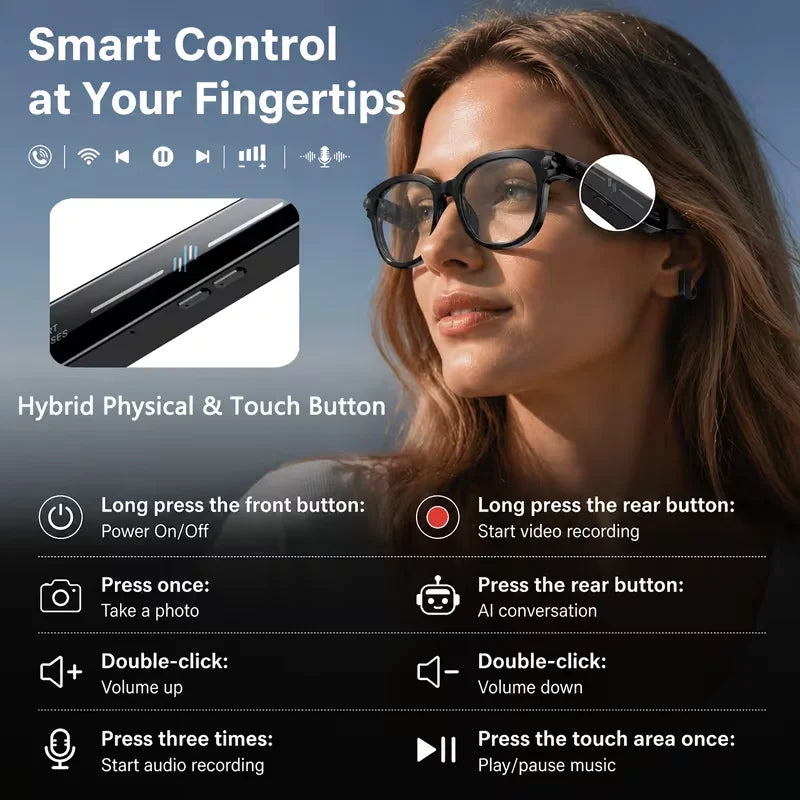 Smart glasses with a camera, 8-megapixel HD resolution, 3 interchangeable lens options, image stabilization, photo and video cap