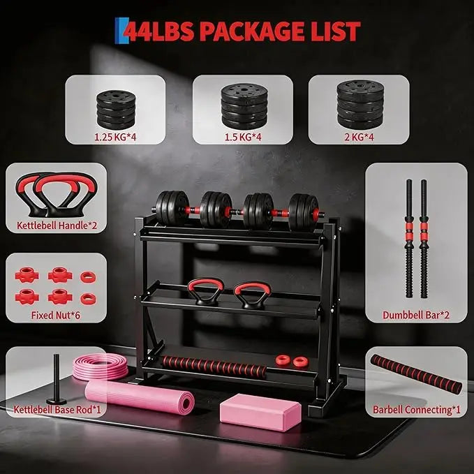 Adjustable Dumbbell Set, 44 lbs Free Weight Set, Converted to Barbell, Kettlebells &Push-Up Stand,Space-Saving Home Gym Equipmen