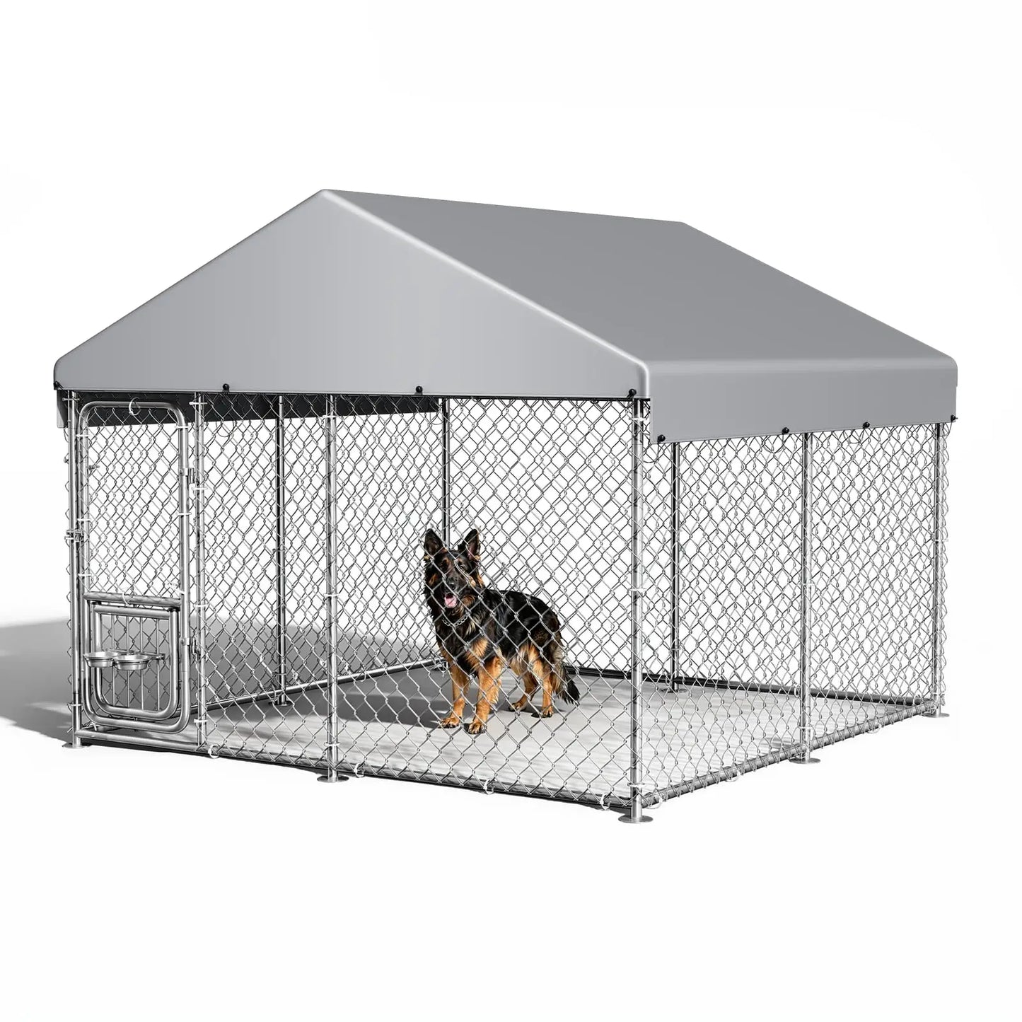 DishyKooker Heavy Duty Outdoor Dog Kennel With Roof Cover Lockable Feeding Door For Large Dogs