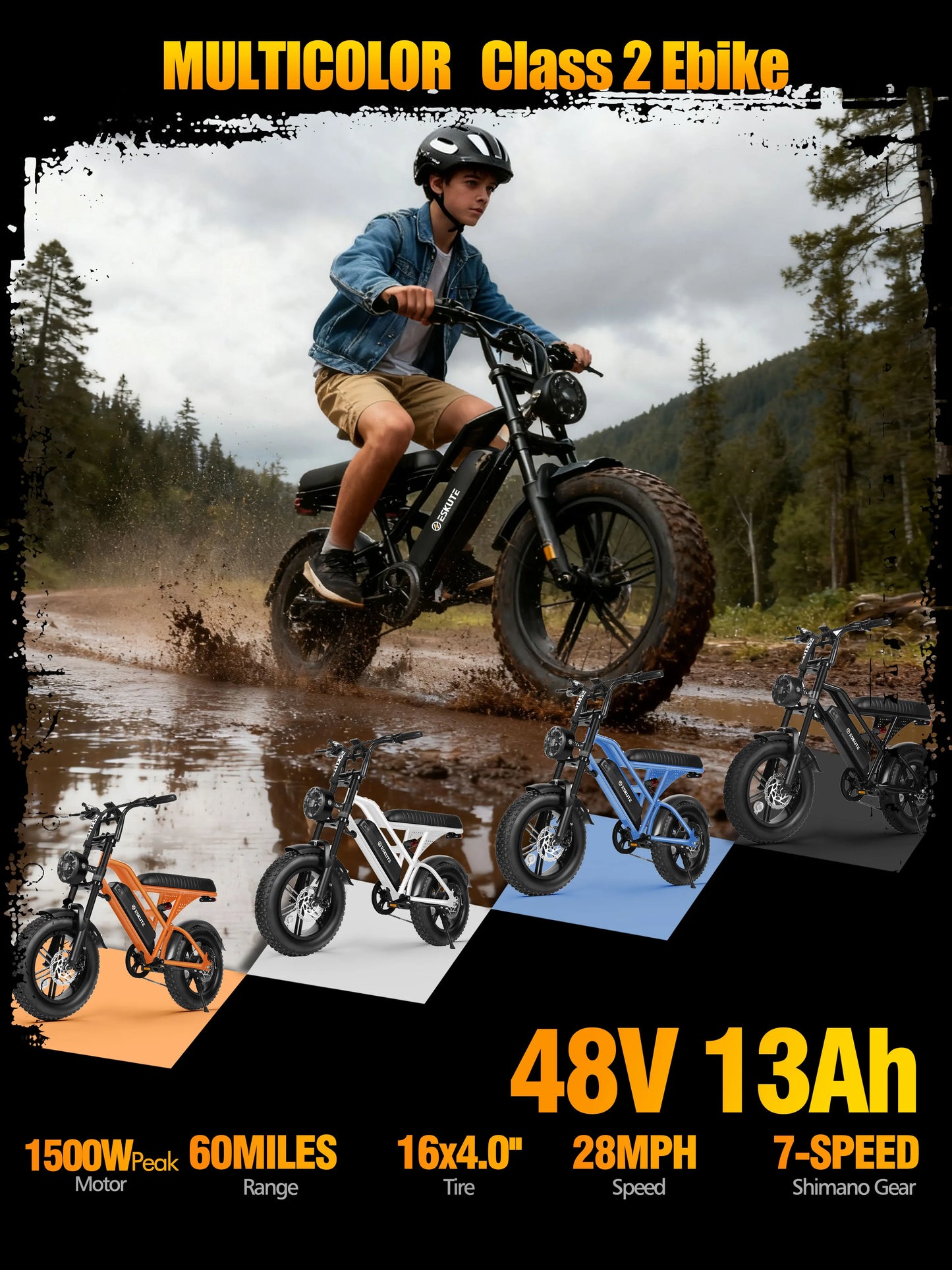 Eskute V100 Electric Bike With 1500W Peak Power And Dual Suspension Fat Tire E Bike For Off Road And City Commutes