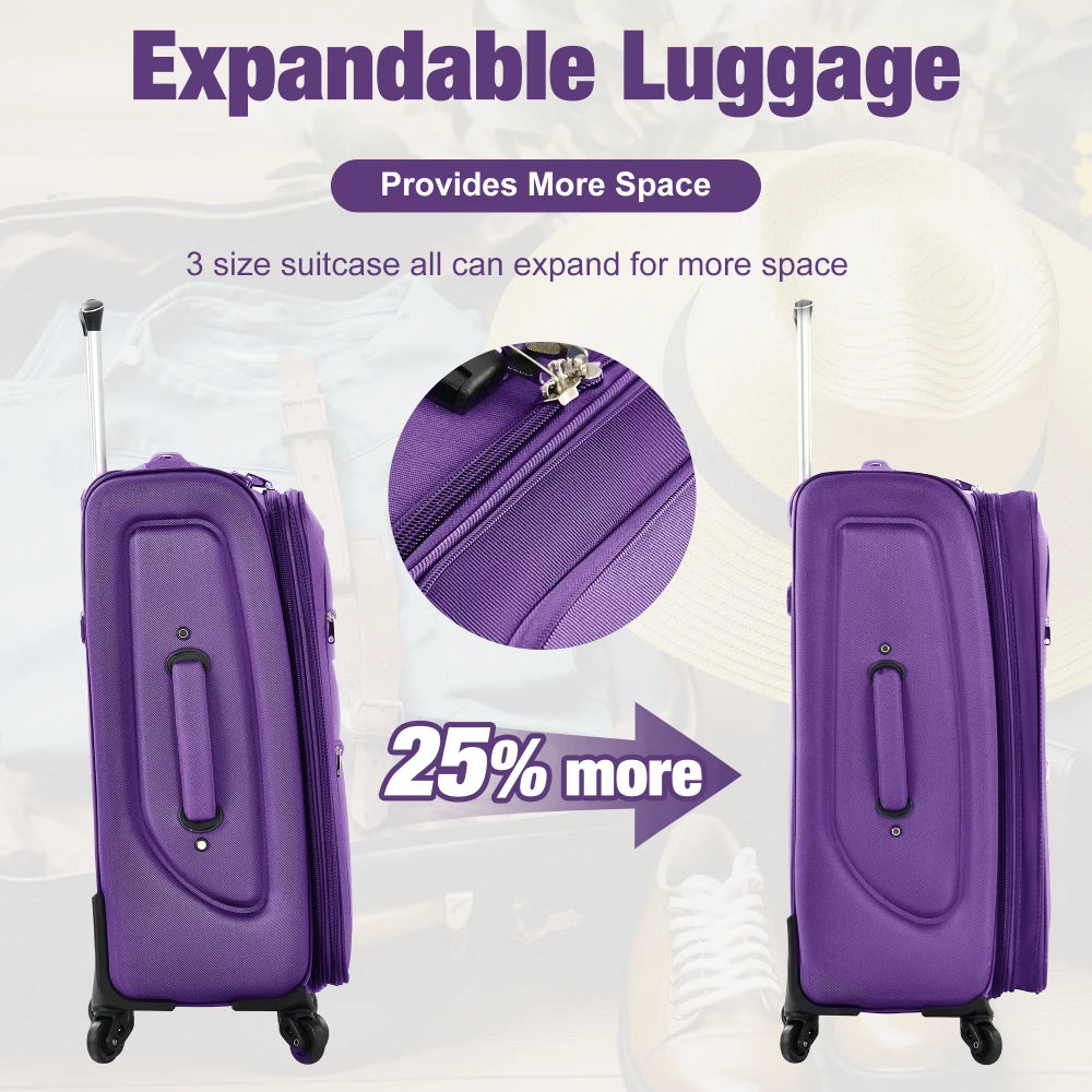 5 Piece Expandable Soft Shell Luggage Set Polyester Spinner Suitcases TSA Locks