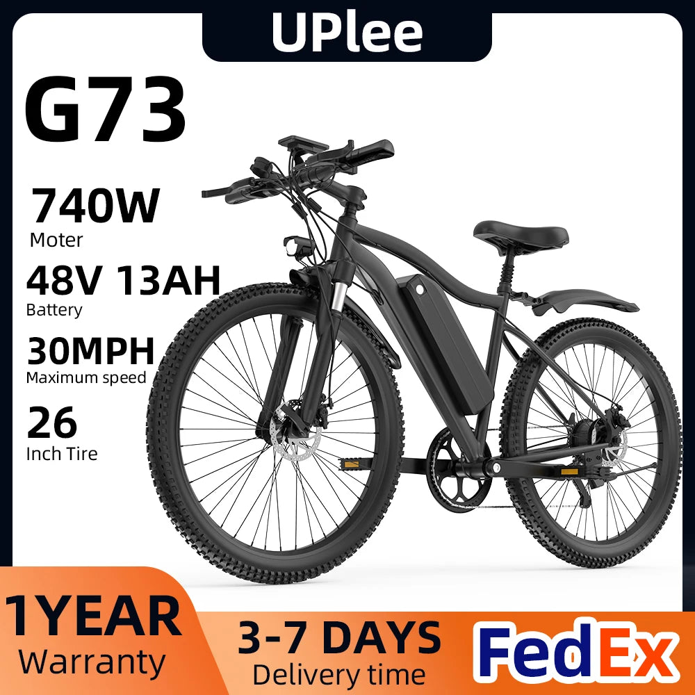 UPlee G73 Electric Bike For Adults 26 Inch Fat Tire Mountain E Bike 740W Peak Power Long Range Battery