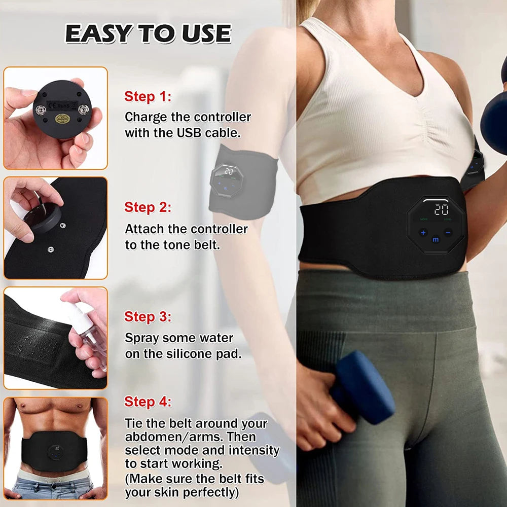 Rechargeable Ems Abdominal Muscle Trainer Belt With Silicone Electrode Pads