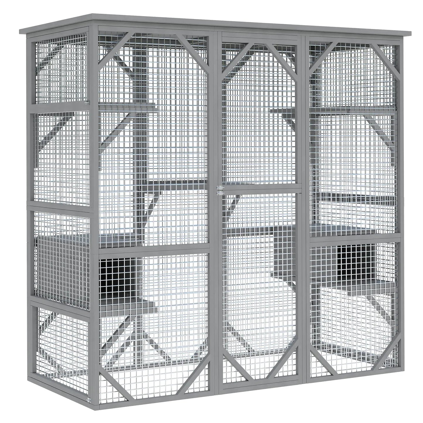 HiMISS Large Walk In Cat Catio Enclosure Weather Resistant Cedar Multi Level With Window And Locking Doors For Cats