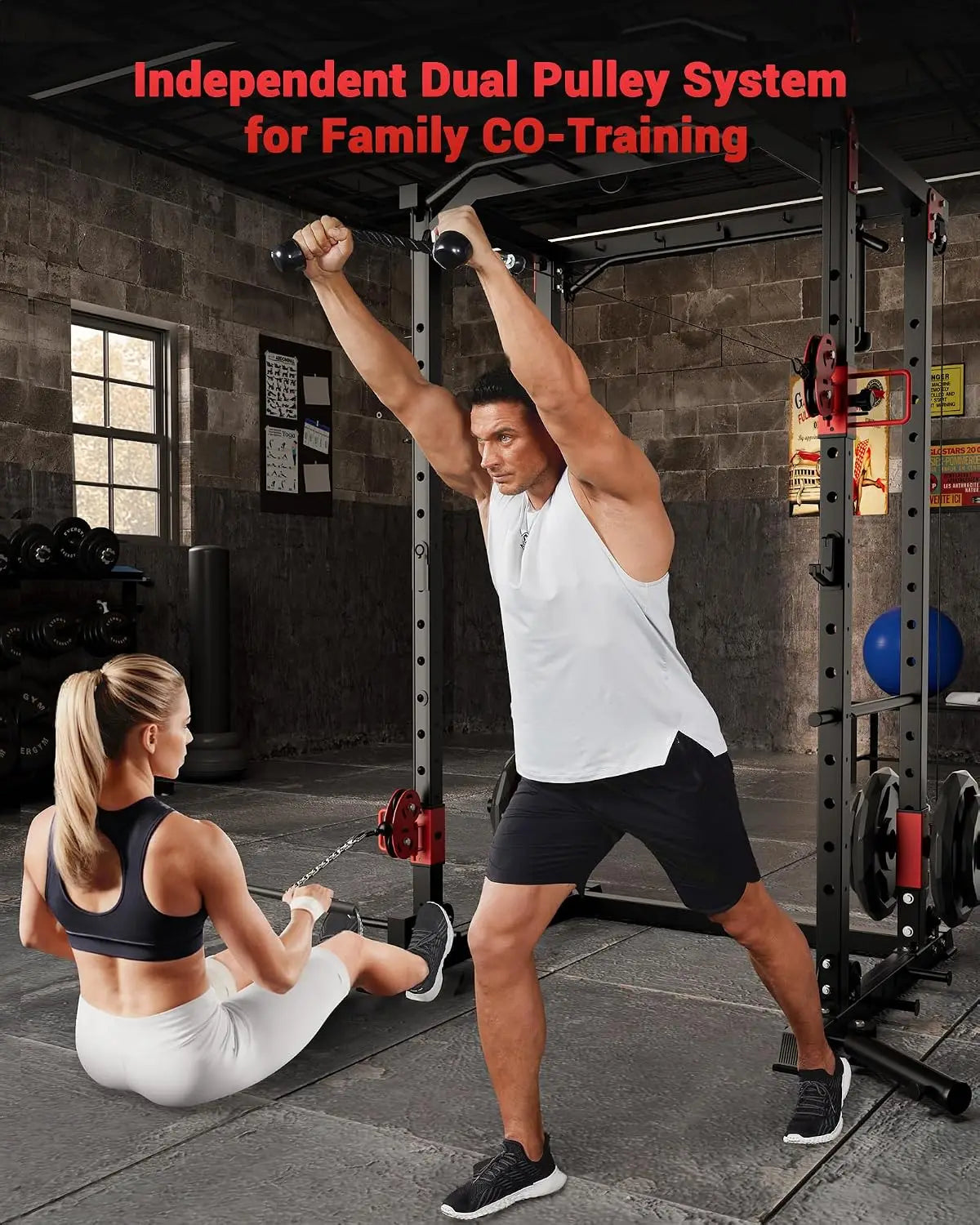 Tacleekii Dual Pulley Power Rack For Home Gym Cable System
