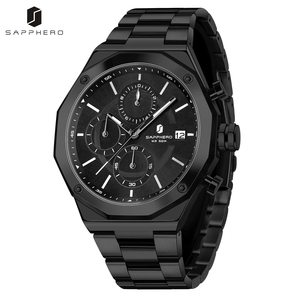SAPPHERO Men's Chronograph Quartz Watch 5ATM Waterproof Stainless Steel Wristwatch Business Sport Fashion Casual Watch for Men Daily Wear Gift for Father Husband