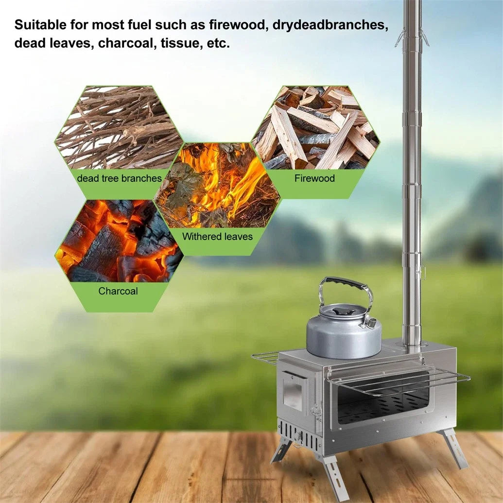 Wood Burning Portable Stove For Outdoor Cooking With Stainless Pipes