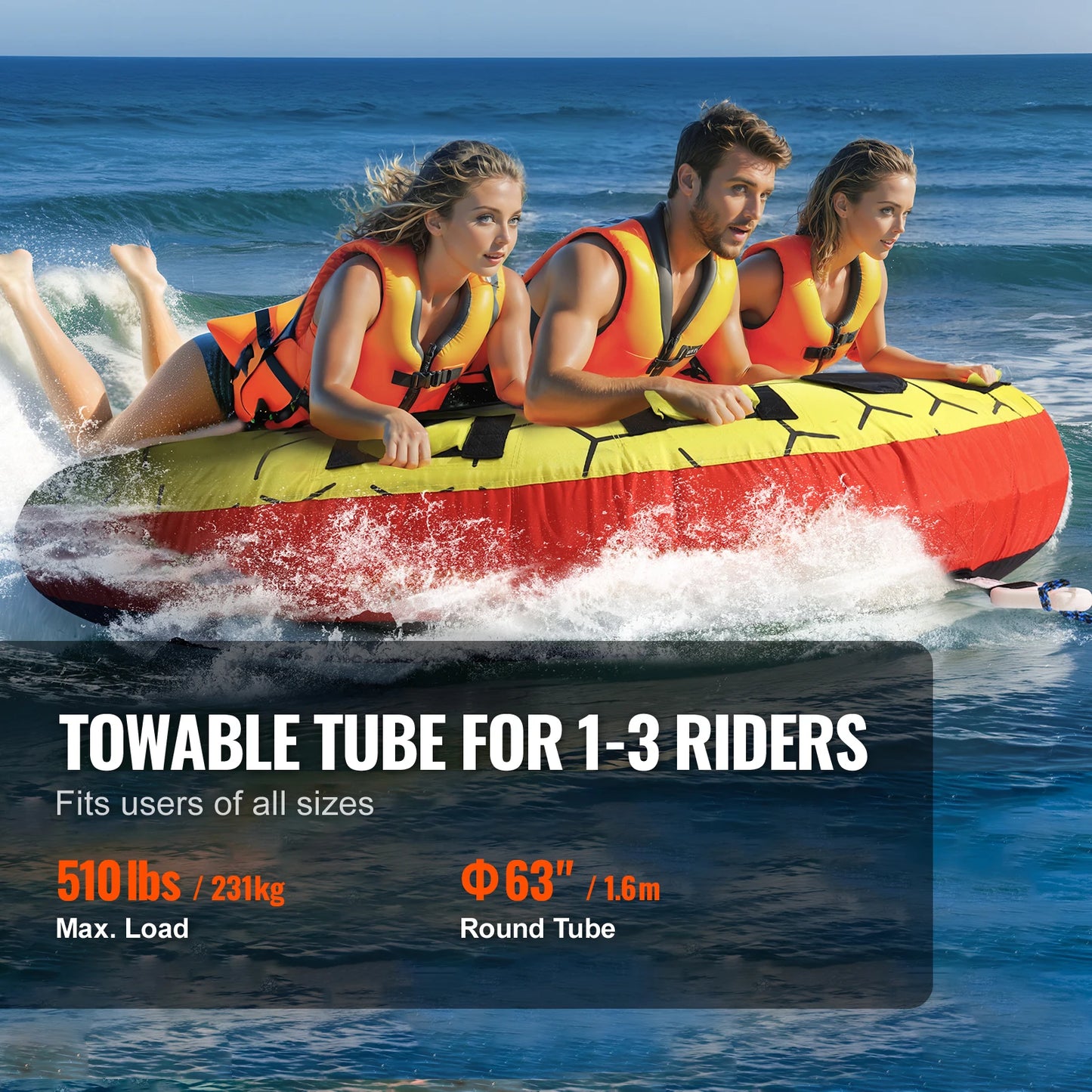 SucceBuy 63 Inch Round Towable Tube For Boating 1-3 People Durable 840D Nylon Water Sports