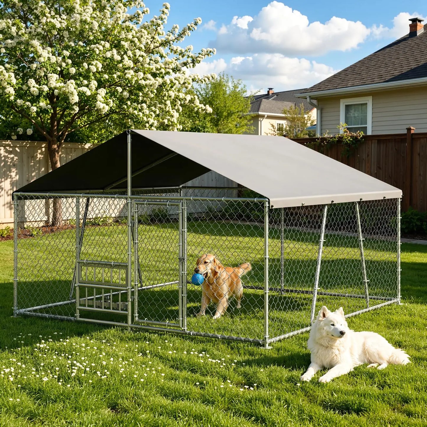DishyKooker Outdoor Dog Kennel 10x10ft With PE Waterproof Roof 360° Feeding Door Heavy Duty Galvanized For Outdoor Pets