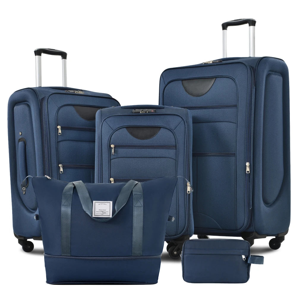 5 Piece Expandable Soft Shell Luggage Set Polyester Spinner Suitcases TSA Locks