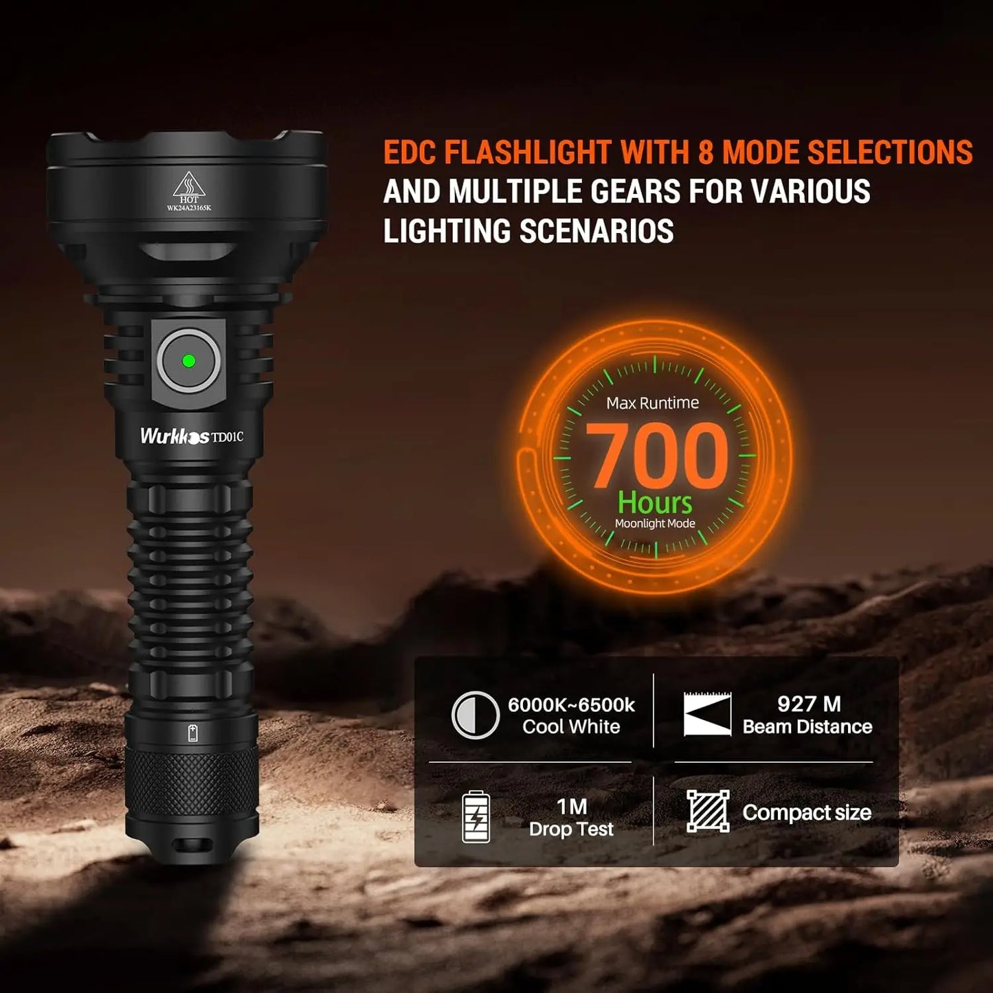 Wurkkos TD01C Rechargeable Tactical Flashlight LED USB C 1800 Lumens