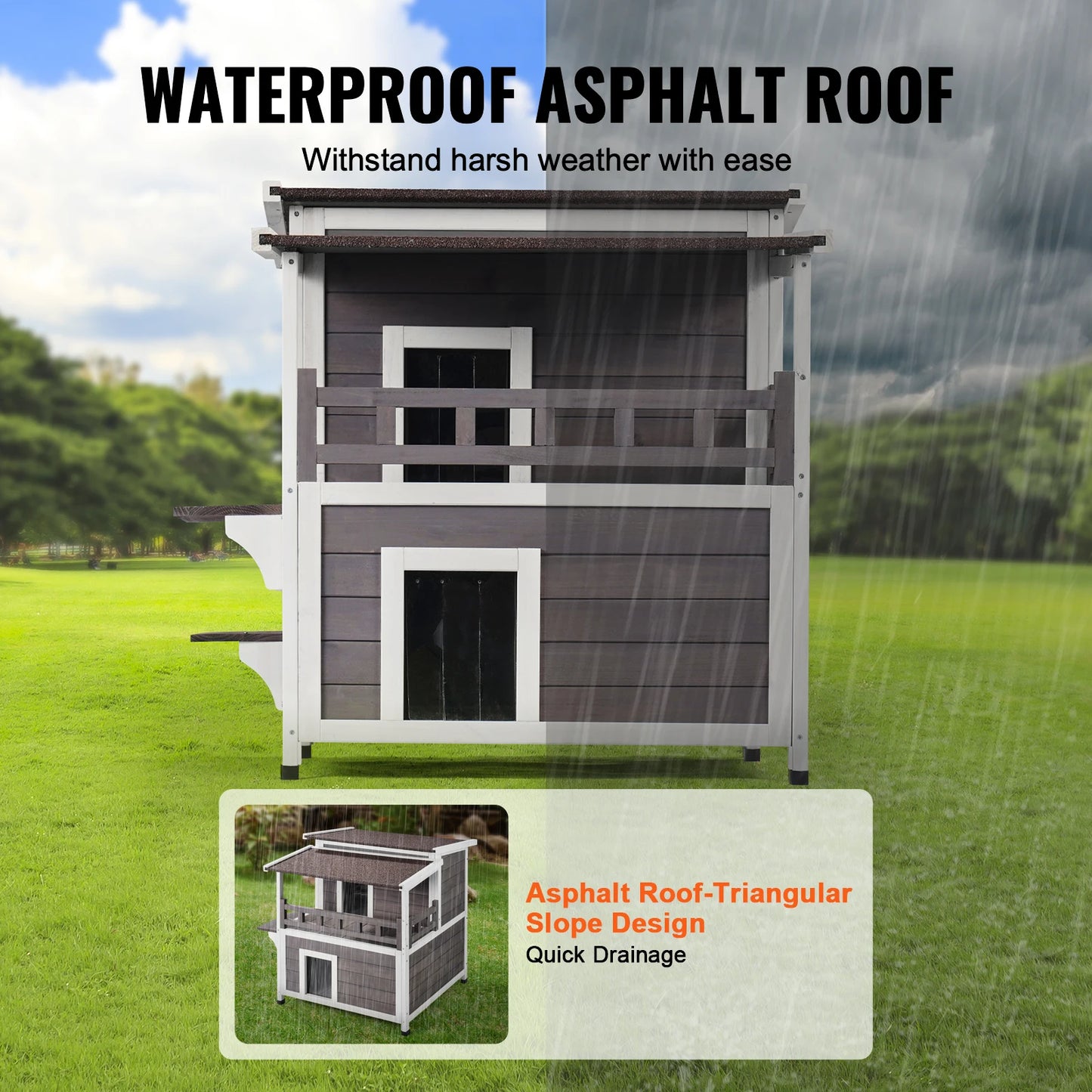 SucceBuy Weatherproof Outdoor Cat House Large 2 Story Wooden Shelter With Balcony Open Roof For Feral Cats