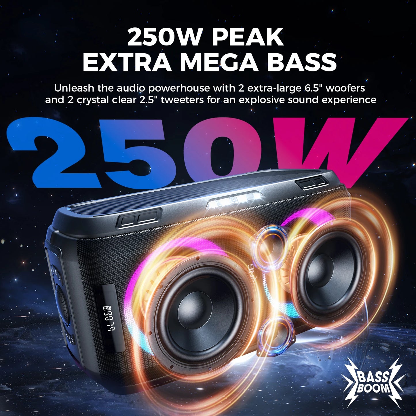 W-King 250W Bluetooth Party Speaker Loudest 120dB Bass