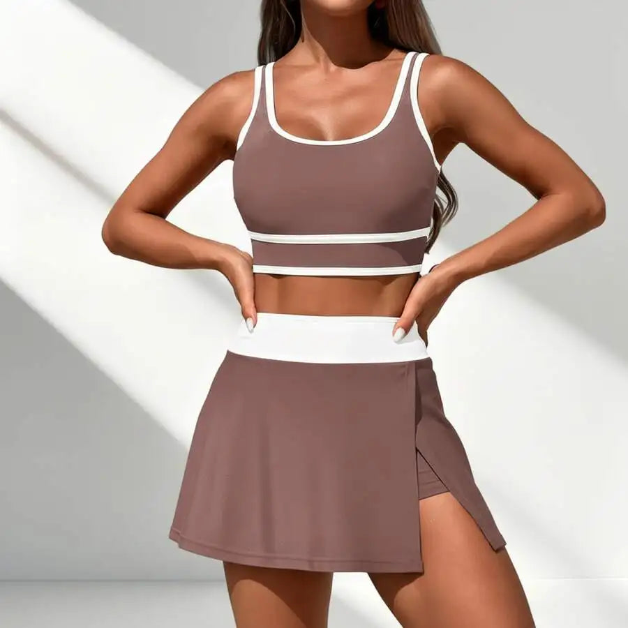 Women Two Piece Swim Skirt Set Mocha White Color Block Sporty Crop Top High Waist UV Protection Quick Dry