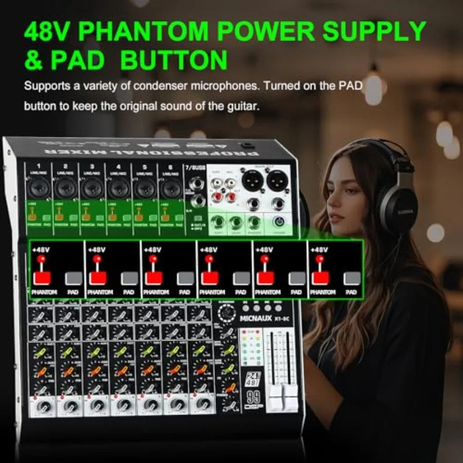 8 Channel Audio Mixer With USB Bluetooth And DSP Effects