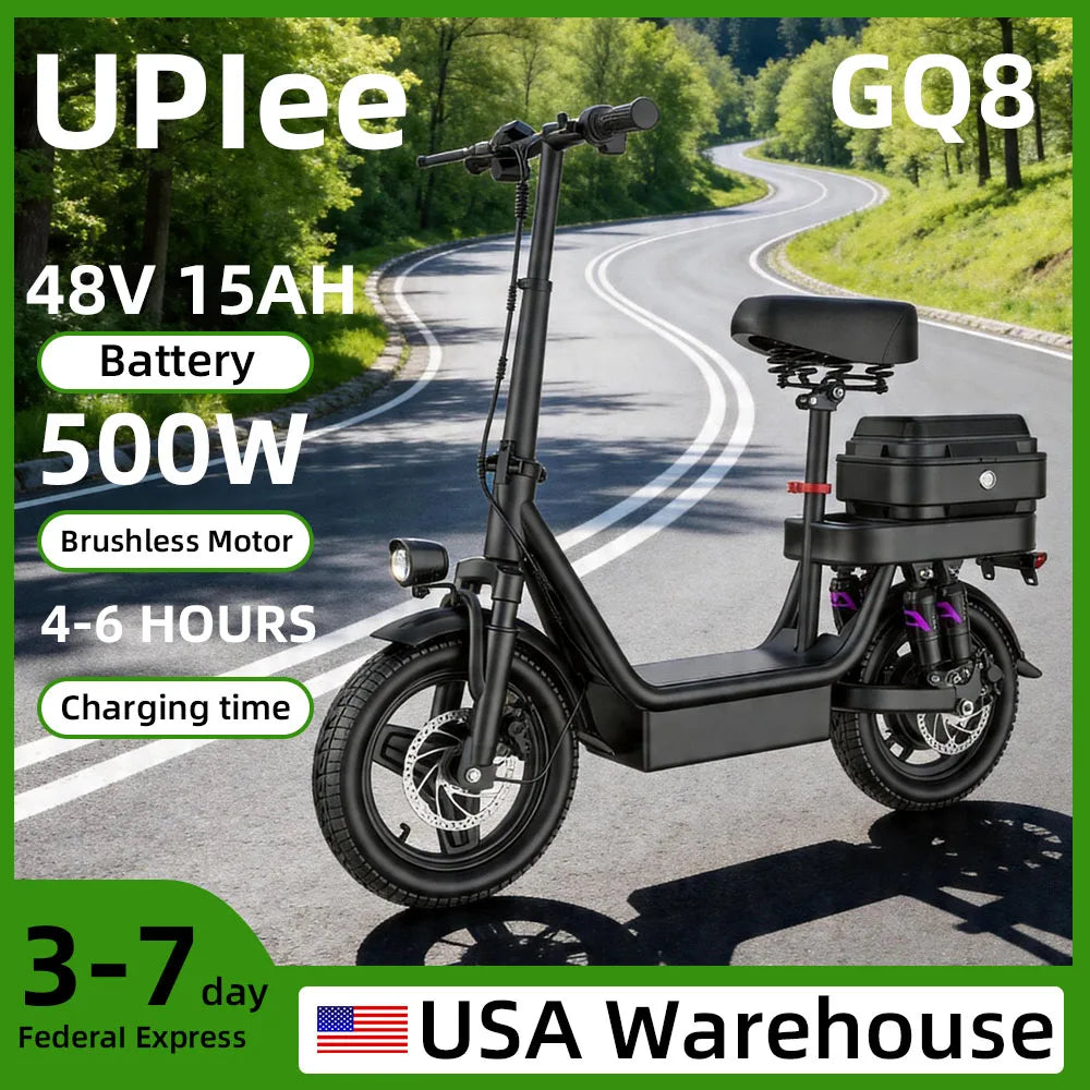 UPlee GQ8 Electric Bike for Adults With 500W Peak Motor Foldable 14 Inch Fat Tire Full Suspension 48V 15Ah Commuter