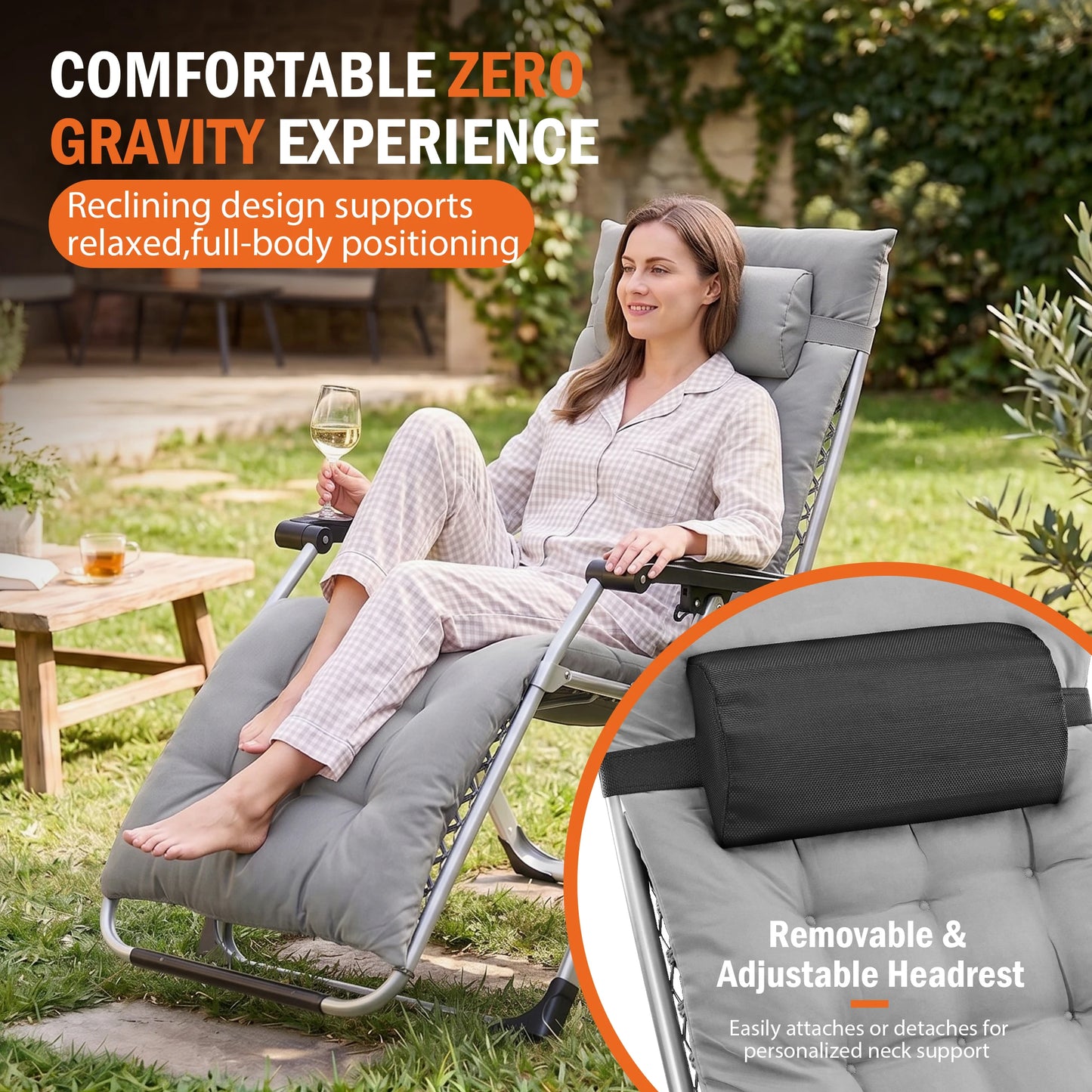 JHK Zero Gravity Reclining Camping Lounge Chair With Cup Holder Tray