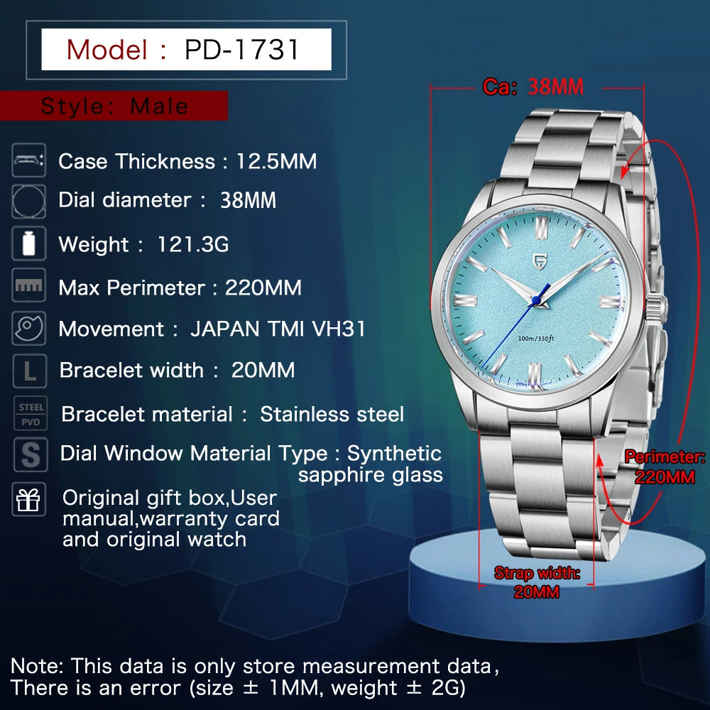 PAGANI DESIGN Men's Quartz Watch With Sapphire Crystal Stainless Steel