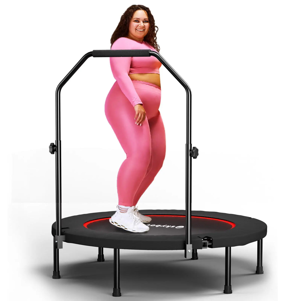 Foldable Fitness Rebounder Trampoline With Adjustable Handlebar