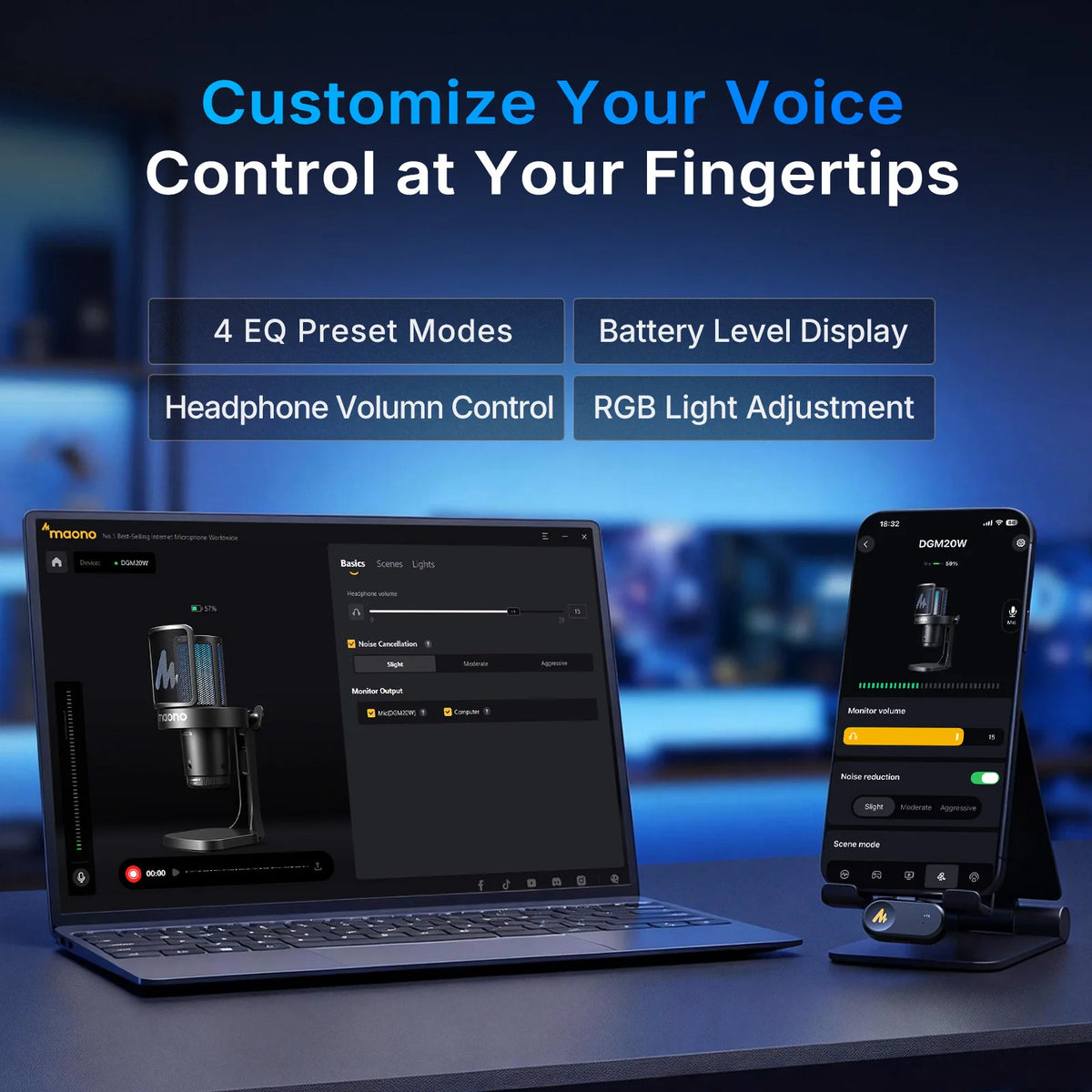 MAONO DGM20W Wireless & USB Microphone USB Gamer Microphone - Noise Reduction RGB Lighting Clear Voice Maono Link Software Control One Tap Mute Desktop Stand Microphone for PC Gaming Live Streaming Host Recording