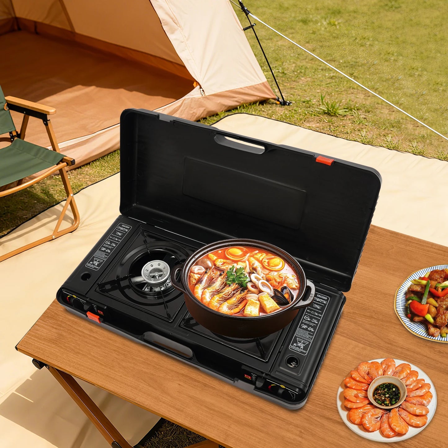 Portable 2 Burner Aluminum Camping Stove With Baking Pan Kit