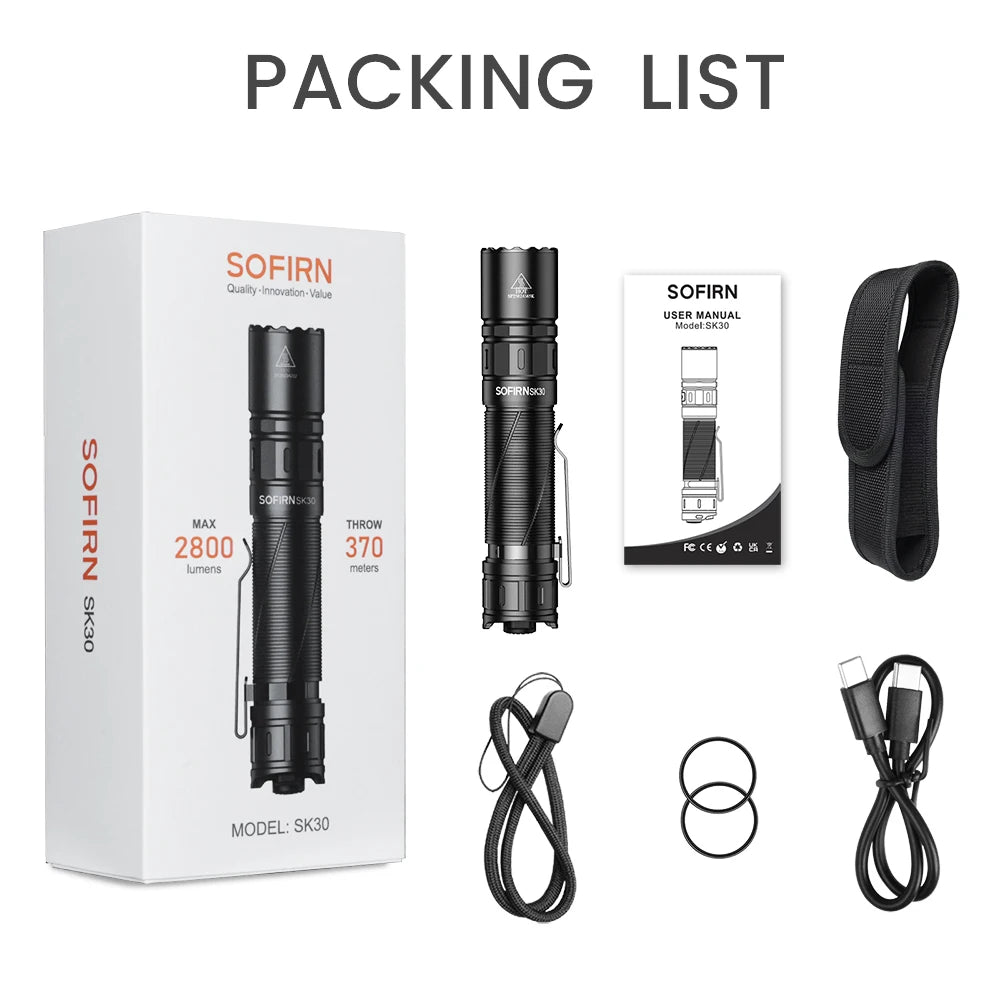 Sofirn SK30 3000 Lumen 6000K USB C Rechargeable Tactical Flashlight