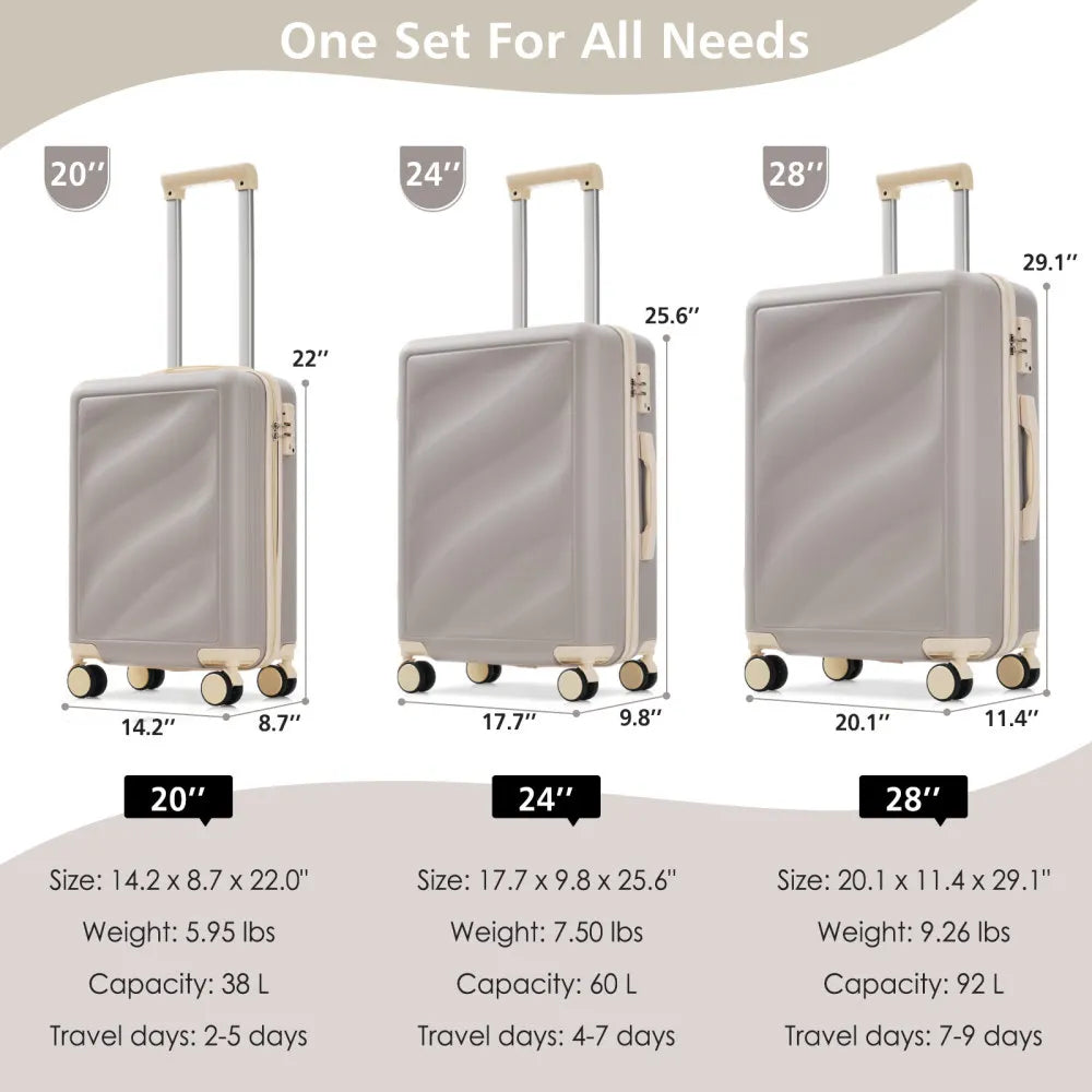 Lightweight ABS Luggage Set 3 Piece Spinner Wheels TSA Lock