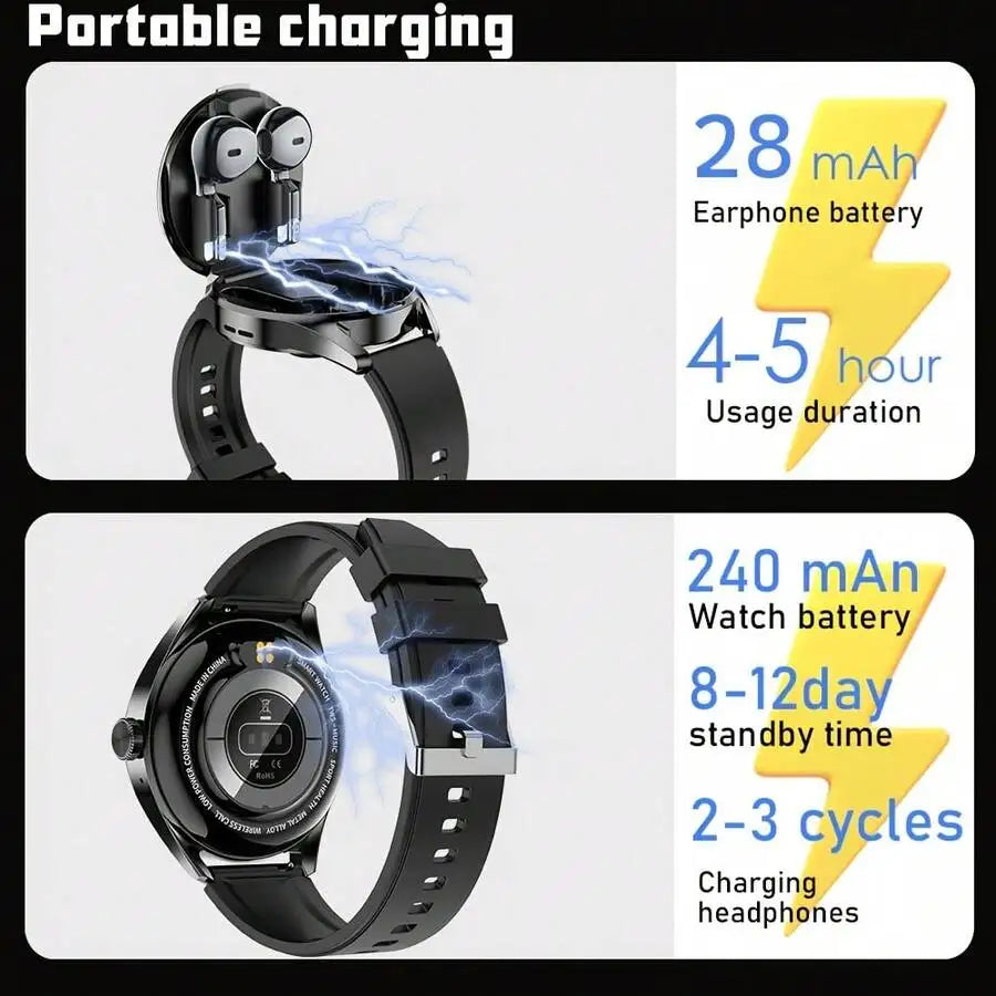 Smartwatch With Earbuds, 1.46-Inch Full Touch Screen, Wireless Voice Calling, Multiple Sports Mode Tracking, Weather Reminder, Message Reminder, DIY Watch Face, Smart Watch For Android And IOS
