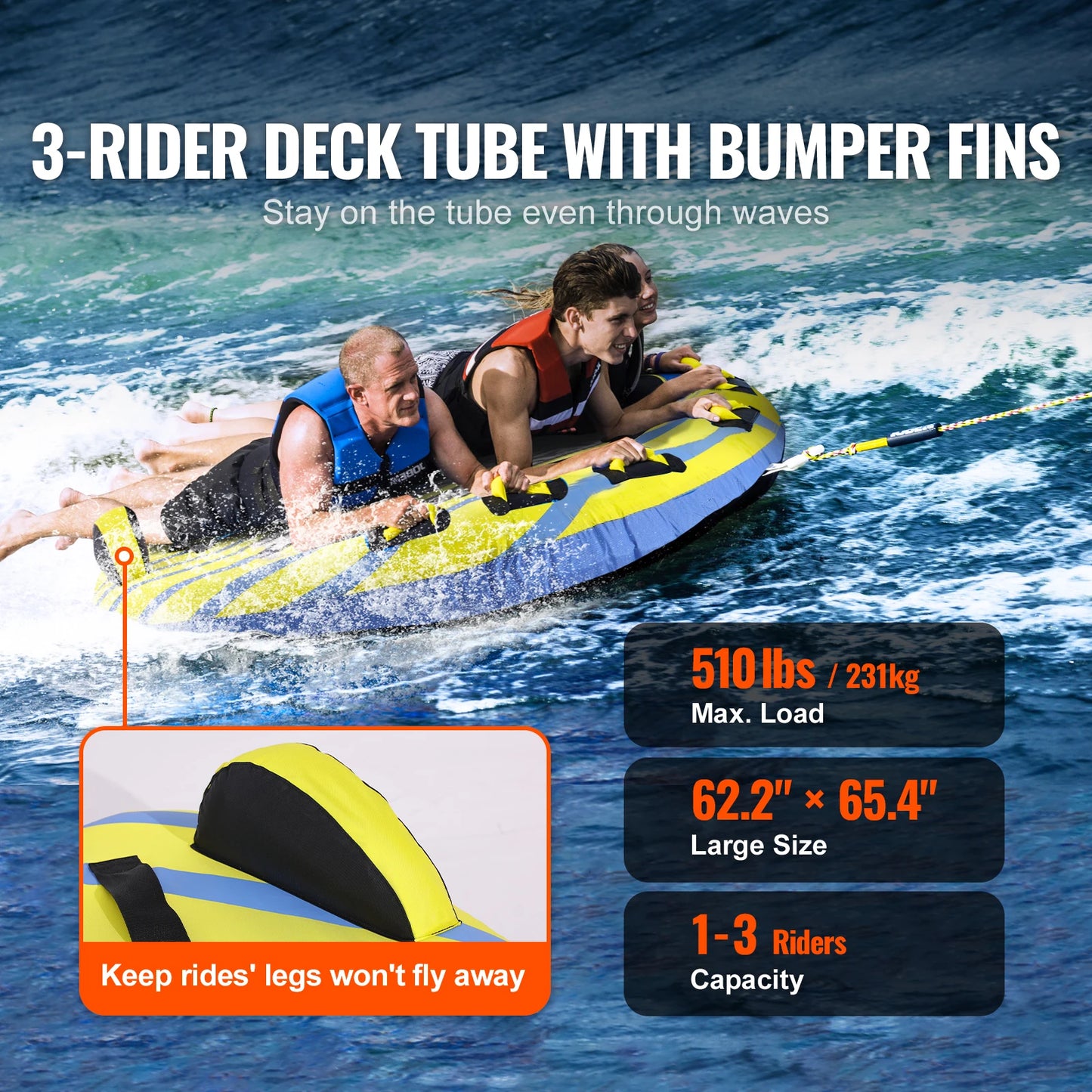 SucceBuy 3 Person Towable Tube For Boating With Bumper Fins 510 Lb Capacity Durable For Families